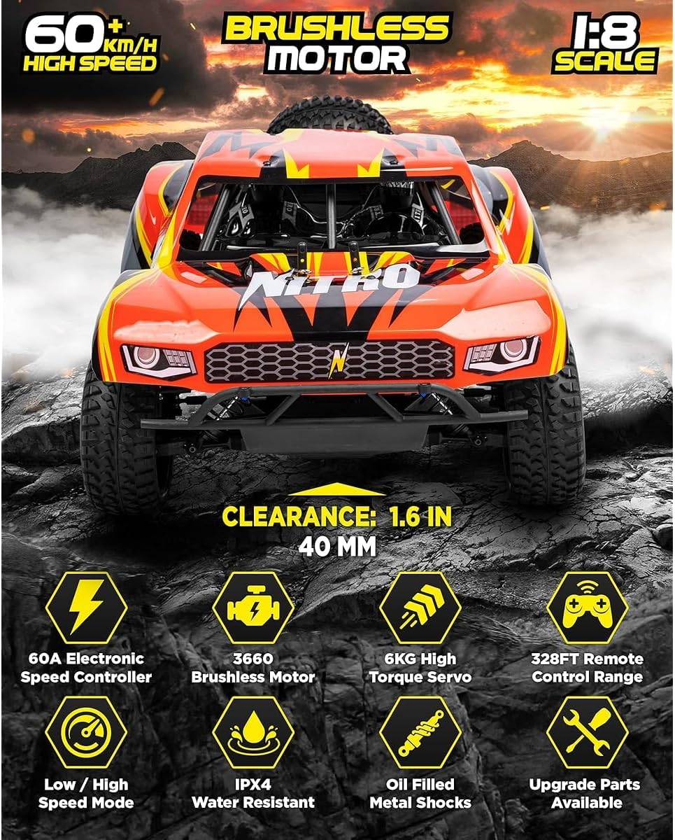 1/8 Scale Brushless RC Cars for Adults，Max 40mph Electric Off-Road Monster Truck