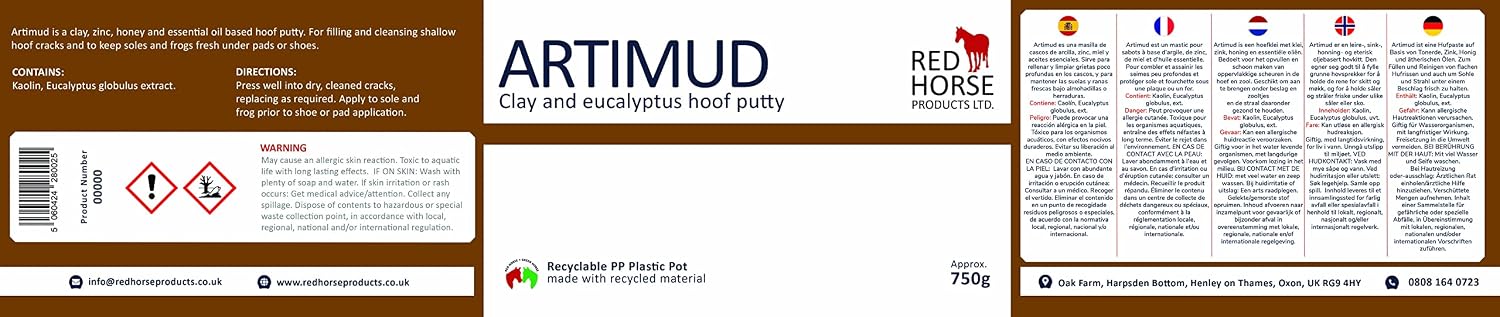 Artimud - Horse Hoof Putty | Thrush Treatment | 26.5 oz (750g) | Eucalyptus Horse Hoof Clay | Equine Frog & Sole Protection | Red Horse Products