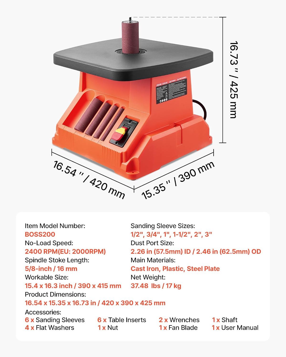 VEVOR Oscillating Spindle Sander, 2400RPM Benchtop Spindle Sander with 6 Sleeves (1/2"-3")