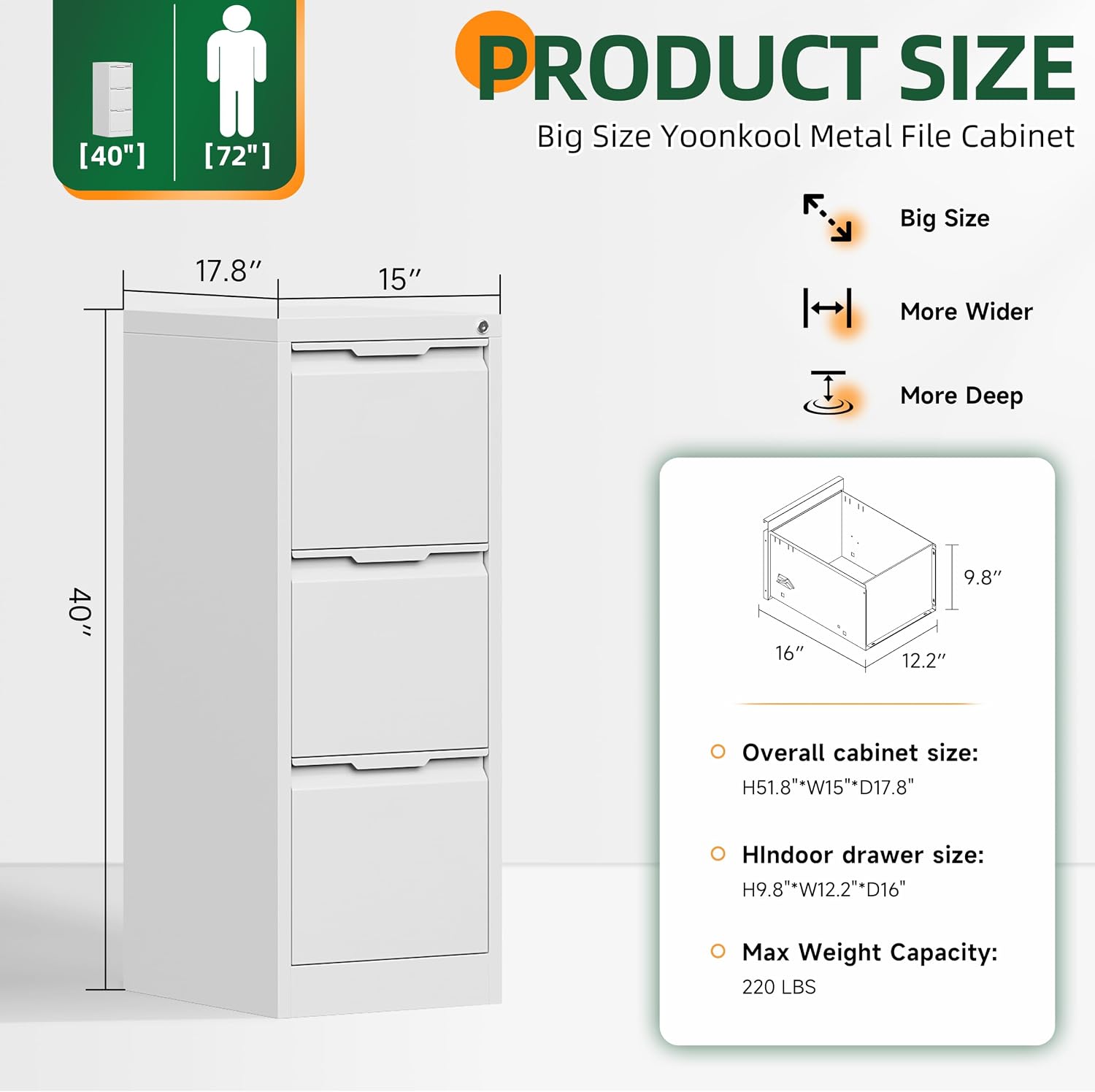 3 Drawer File Cabinet with Lock, Filing Cabinets for Home Office | Metal Vertical File Cabinets
