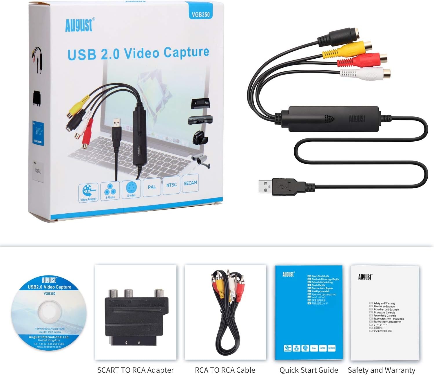 VHS to Digital Video Capture - August VGB350 - External USB Video Capture Card Video VCR to DVD Converter Transfer VHS Home Videos to PC Audio