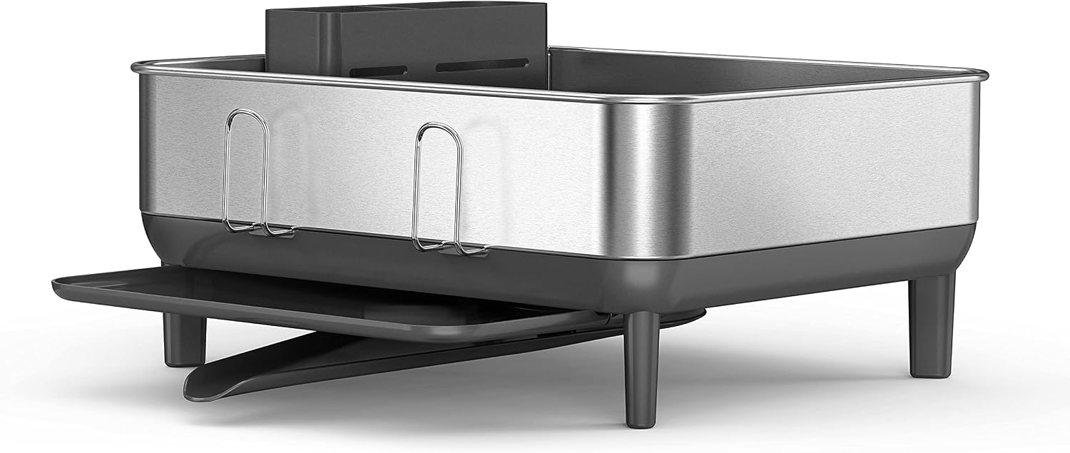 simplehuman Steel Frame Dishrack, Large Capacity Dish Drying Rack, 360º Easy Drain Swivel Spout, Utensil & Wine Glass Holder, Anti-Residue Coating