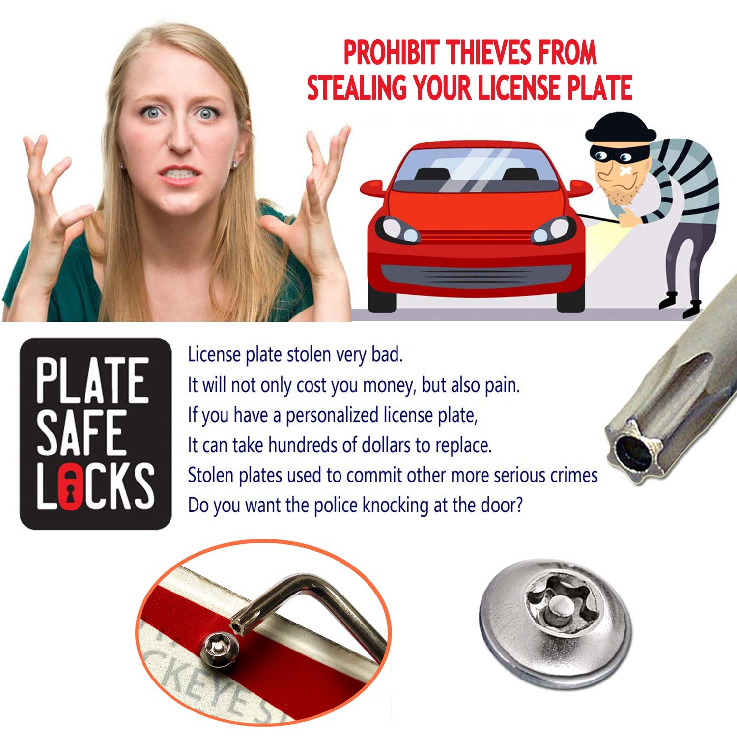 ZXFOOG Anti Theft License Plate Screws, Stainless Steel Bolts, Chrome Caps