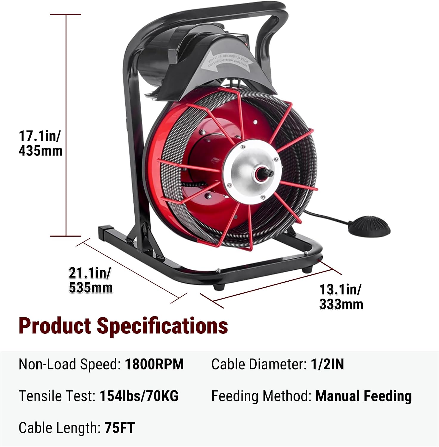 HoldwellS 50FT x 5/16 Inch Drain Cleaner Machine, Electric Drain Auger for 3/4"-3" Pipes, Sewer Snake Auger with 4 Cutters & Pneumatic Foot Switch