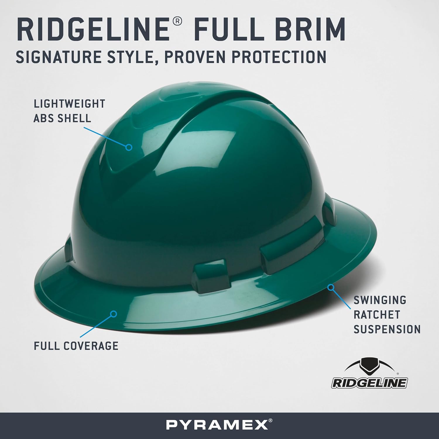 Pyramex Ridgeline Full Brim Hard Hat 4 Point Ratchet White | Full-brim sun & rain protection, HDPE shell, Ratchet suspension, Construction & utility, ANSI Z89.1 Type I Class C/G/E