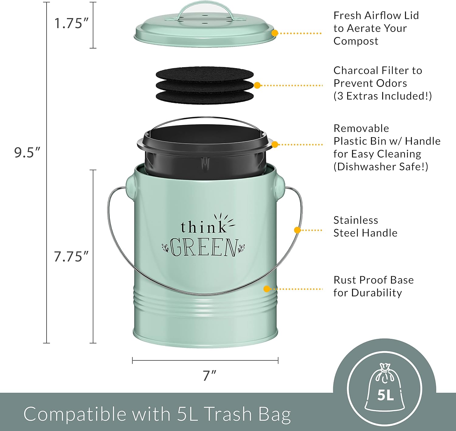 Barnyard Designs 1.2 Gallon Kitchen Counter Compost Bin with Lid (Mint)