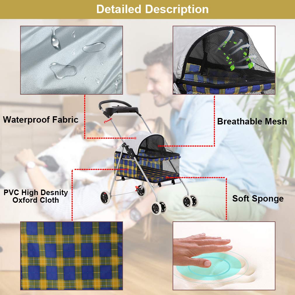 Pet Stroller 4 Wheels Posh Folding Waterproof Portable Travel Cat Dog Stroller with Cup Holder,Blue