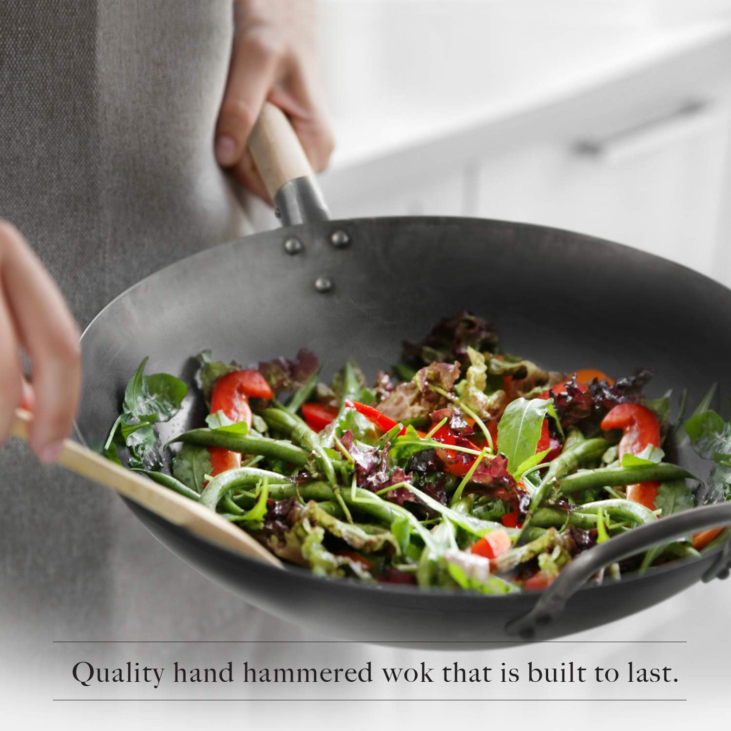 Flat Bottom Carbon Steel Wok Pan - Authentic Hand Hammered Woks and Stir Fry Pans - 14" Pow Wok
