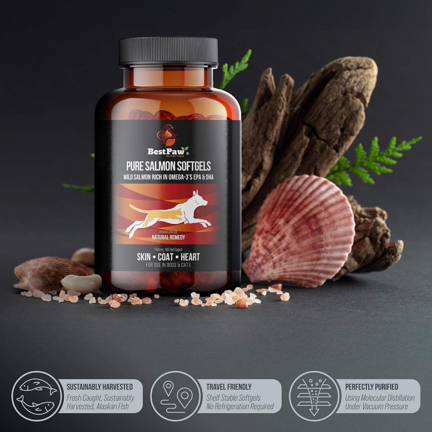 Wild Alaskan Salmon Oil for Dogs and Cats | Omega 3 Fish Oil Soft Gel Capsules | Skin and Coat, Joint and Heart Support | 500mg EPA DHA | 60 Count