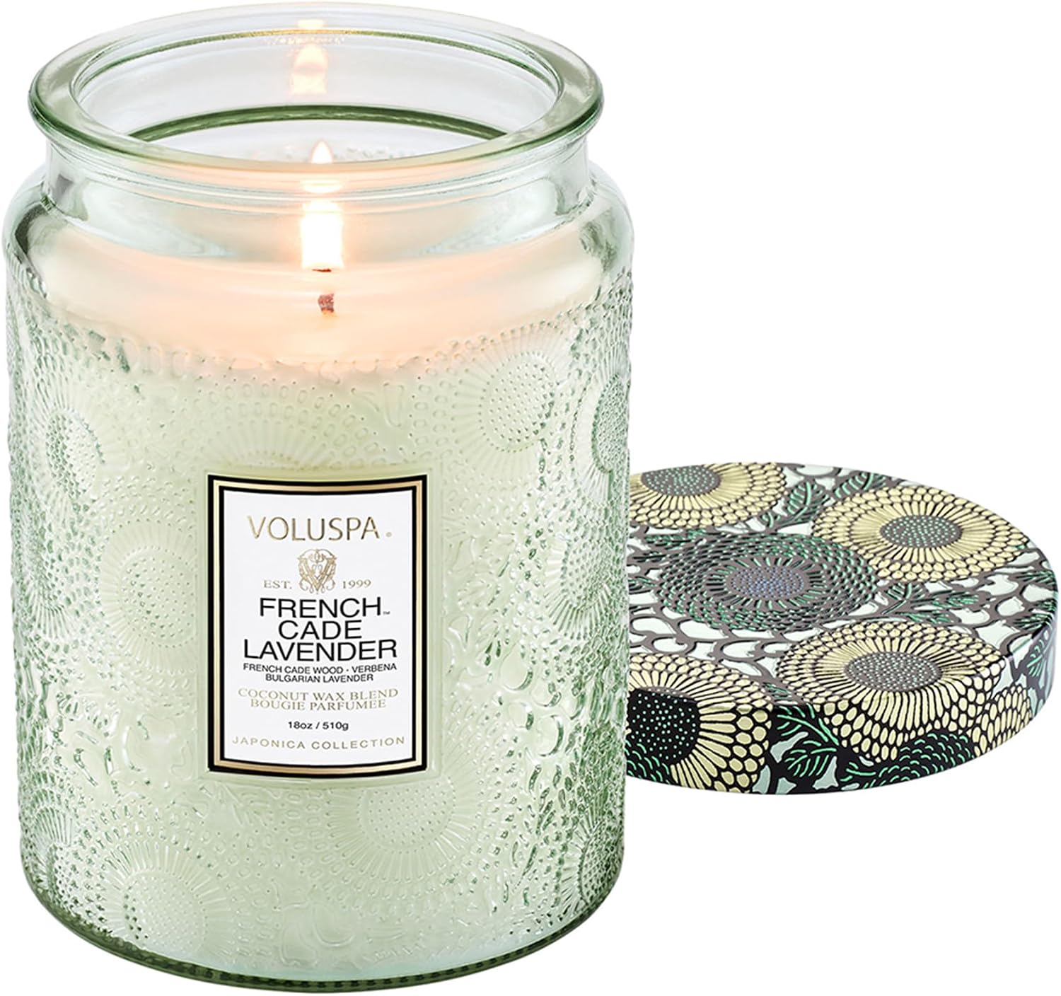 Voluspa French Cade Lavender Large Scented Candle Jar 18 Oz, 100 Hr Burn | Coconut Wax Blend in Decorative Glass, Clean Even Burn, USA Handcrafted Gift for Hosts, Fragrance Lovers & Relaxed Rooms