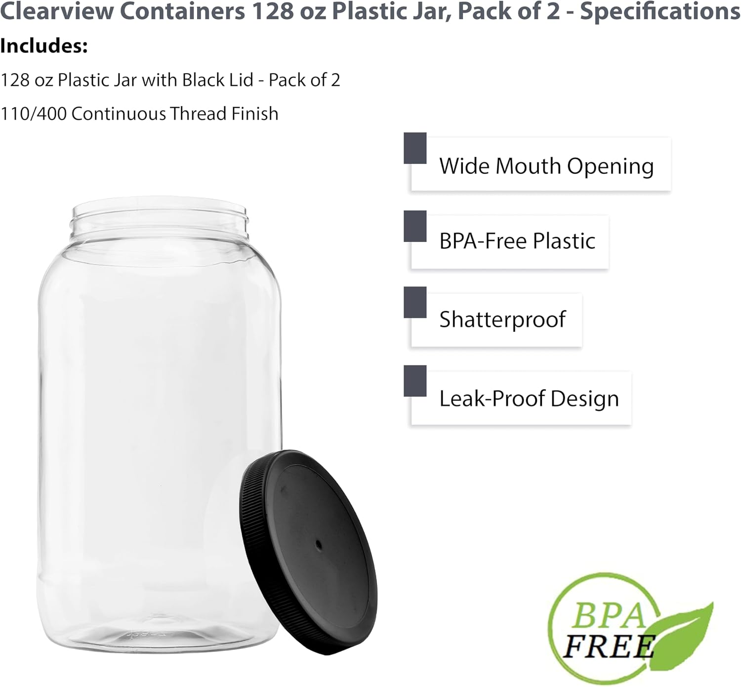 1 Pack - 128 oz (1 Gallon) Plastic Storage Jars with 110-400 Leak Proof Black Lids, Food Grade, BPA Free, Hand Wash Only (128oz, BLK, 1PK)