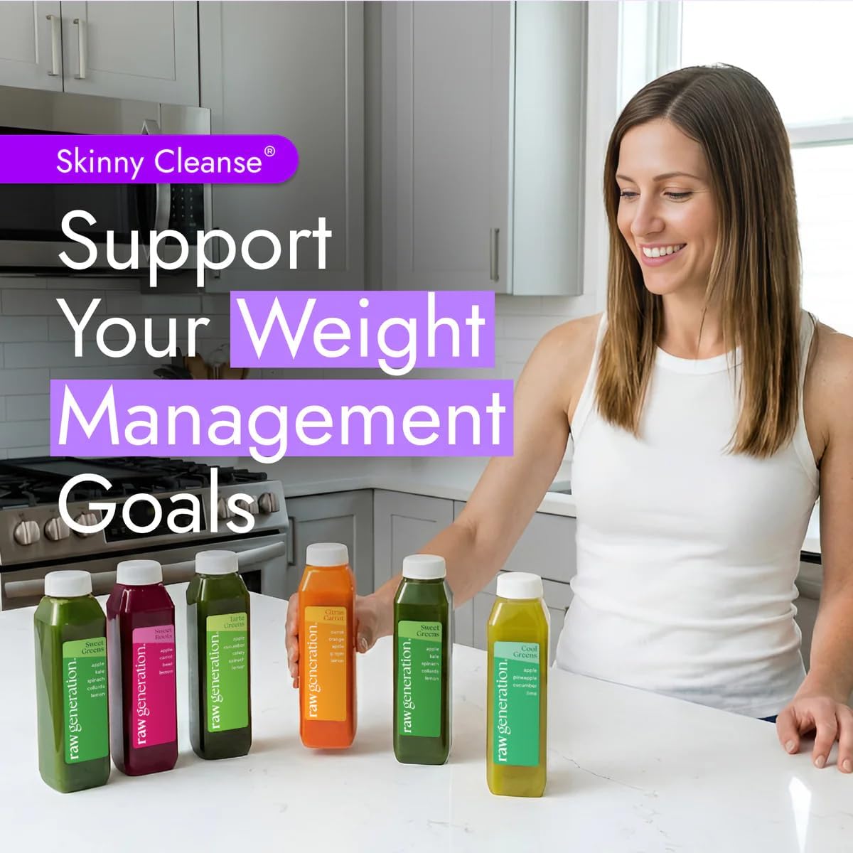 Raw Generation Skinny Juice Cleanse, 5-Day, 30 Cold-Pressed Juice Bottles | Clean ingredients, no added sugar or sweeteners, fruit & vegetable blends, 19g daily protein, at-home reset, cravings support