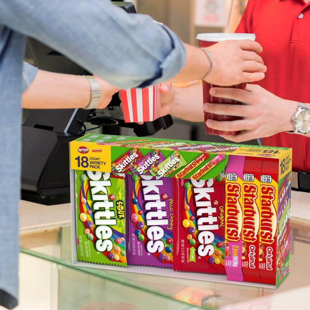 SKITTLES & STARBURST Assorted Candy Variety Pack Bulk Box 18 Count 37.05 oz | Everyday snacking, snack box, mix candy assortment bulk candy fruity candies bulk box for fundraising, snacking, road trips