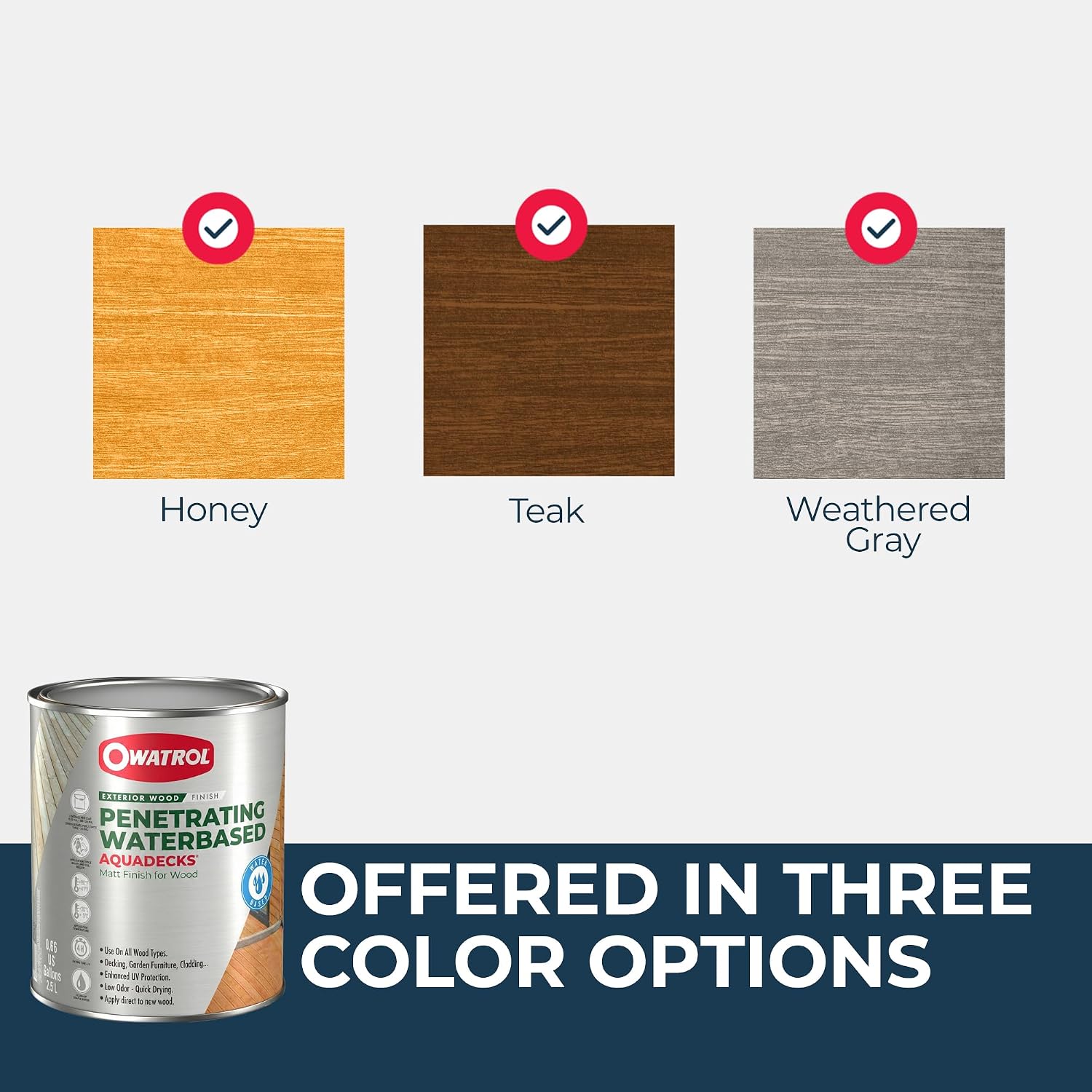 OWATROL Aquadecks, Wood Stain and Sealer, Matt Finish, 85 Oz, Teak | Protects Wood from UV & Moisture, Wood Stain & Sealer for Decks, Fences & Furniture, Water-Based, Won't Peel or Flake, Matt