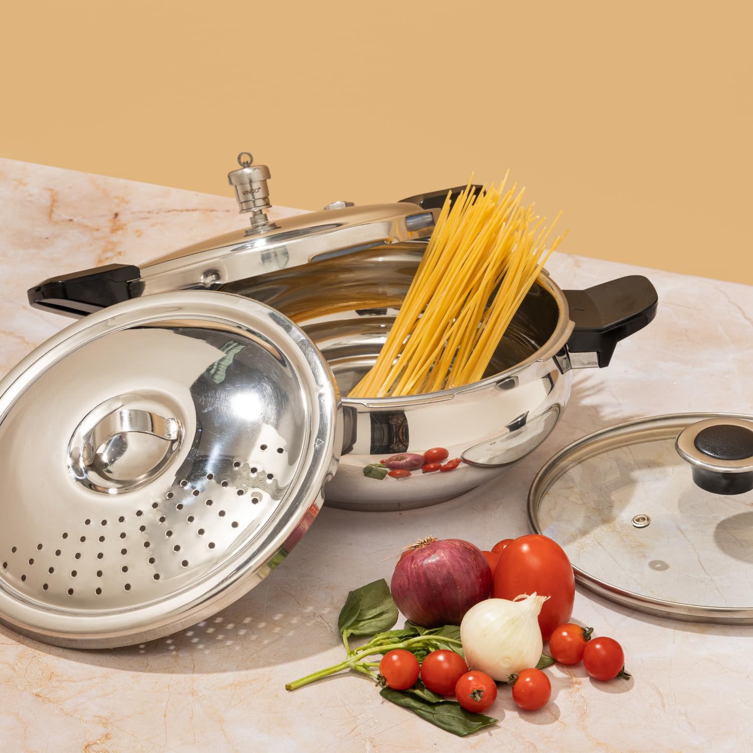 Vinod Magic Stainless Steel Smart 3 in 1 Pressure Cooker 5.5 Litre | 5mm Thick Base | All in One Cooker with Strainer & Glass Lid | Induction and
