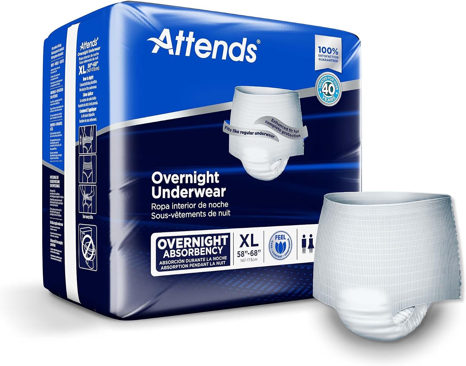 Attends Overnight Underwear for Adult Incontinence Care with ConfidenceCuff™ Protection, Overnight Absorbency, Unisex, X-Large, 12 Count (x4) | Unisex