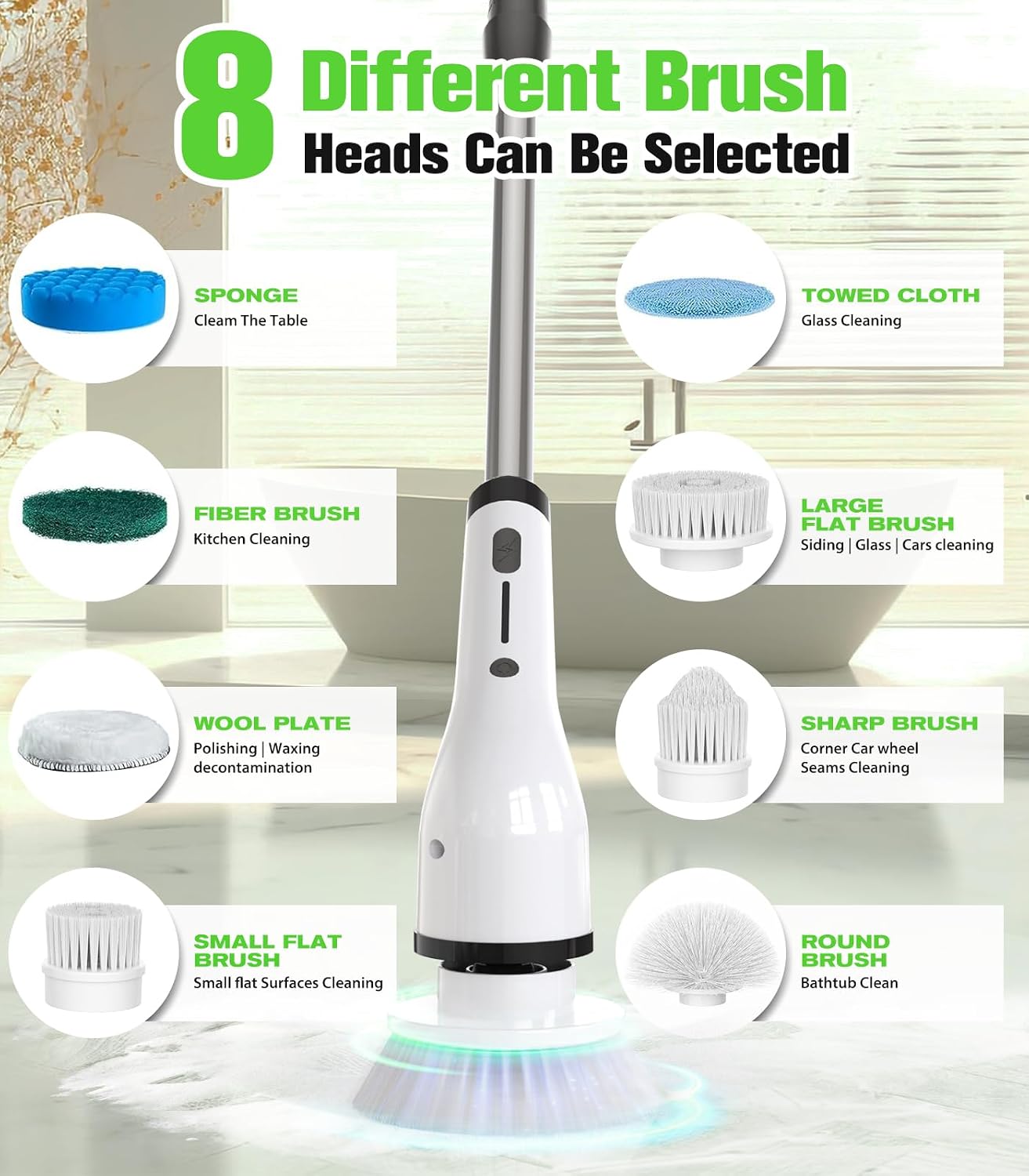 Electric Spin Scrubber, 3-Speed Flat End Brush with 8 Brush Heads & Base, IPX7 Waterproof, Adjustable Long Handle, Digital Display, 2500mAh Fast Charging, for Bathroom, Tub, Tile, Floor