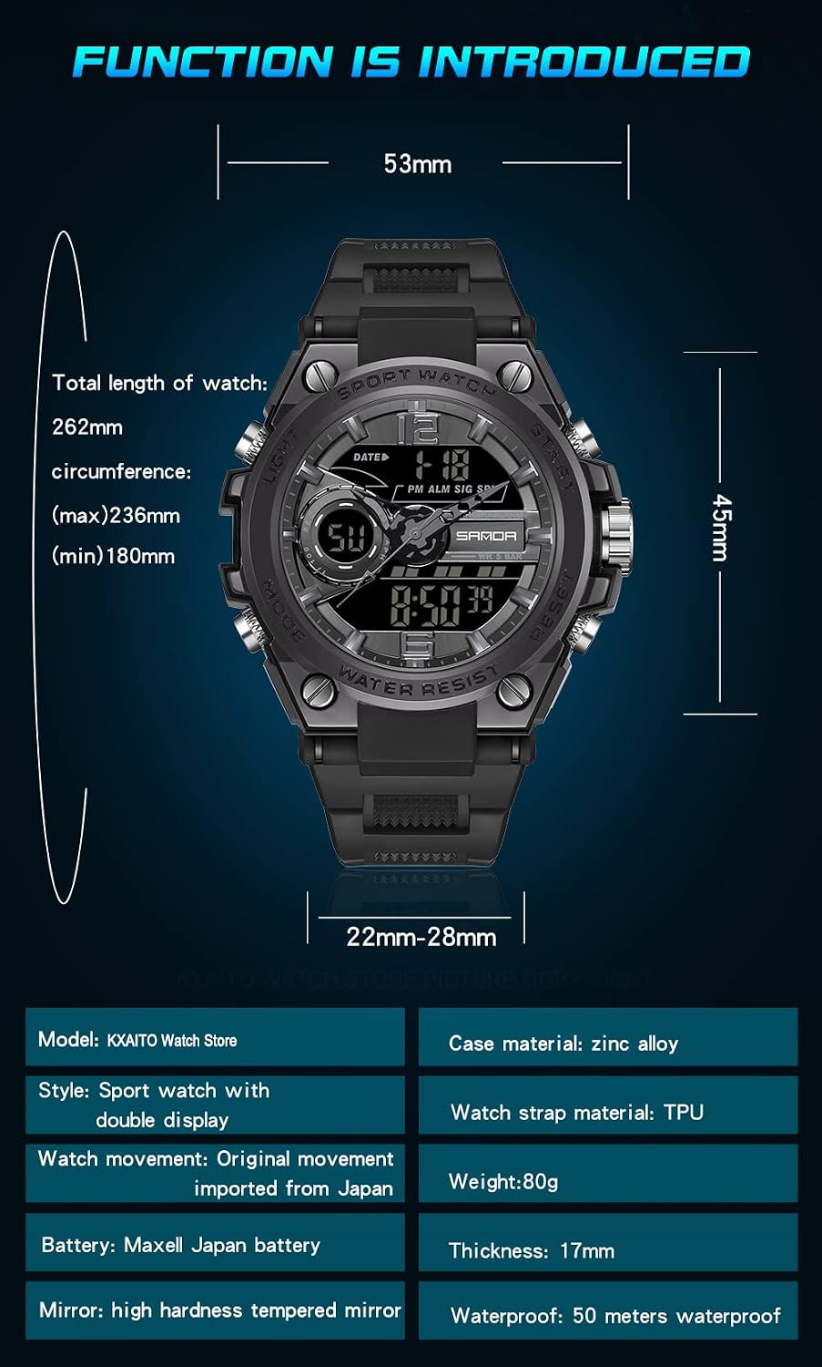 KXAITO Men's Watches Sports Outdoor Waterproof Military Watch Date Multi Function Tactics LED Alarm Stopwatch