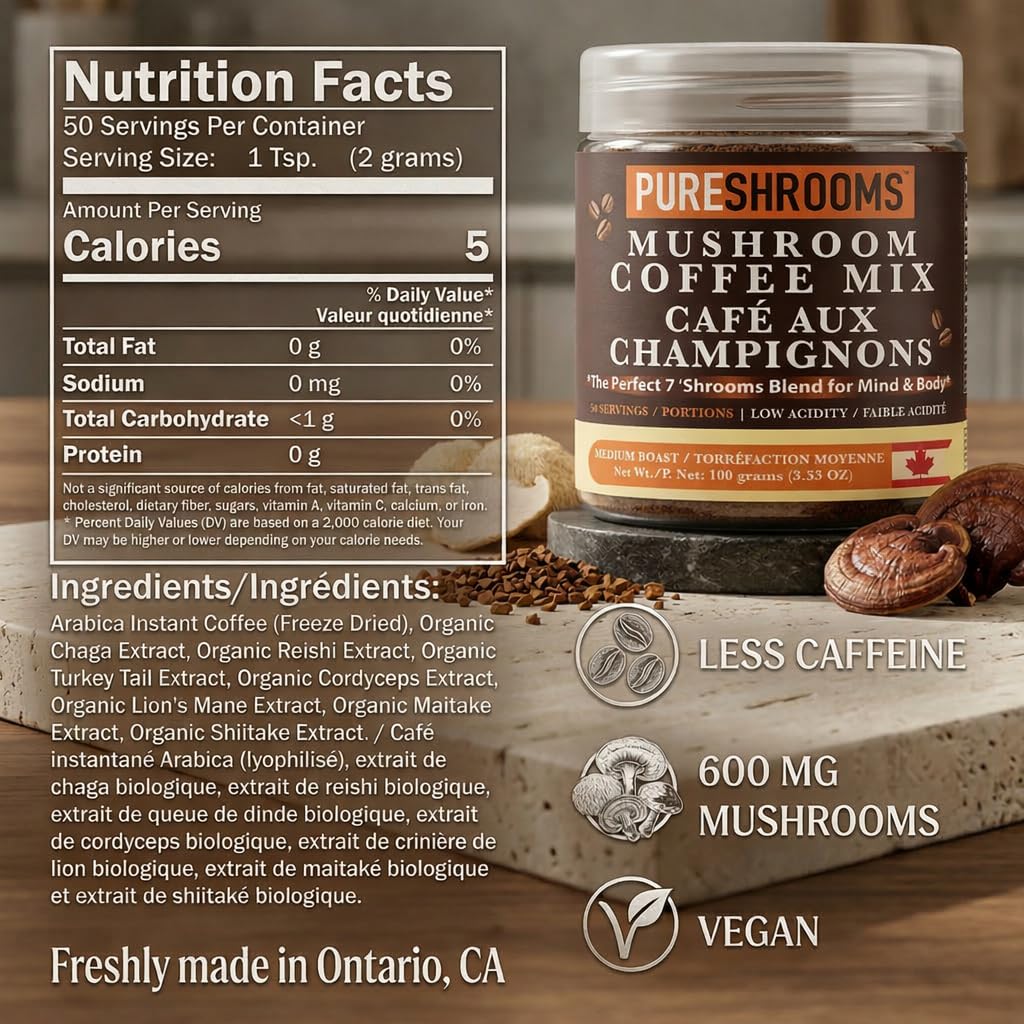 PureShrooms Mind & Body Mushroom Coffee - Instant Colombian Arabica with Organic Lion’s Mane, Reishi & Cordyceps - Low Acidity Nootropic Superfood Beverage for Focus & Vitality, 35 Servings/70g