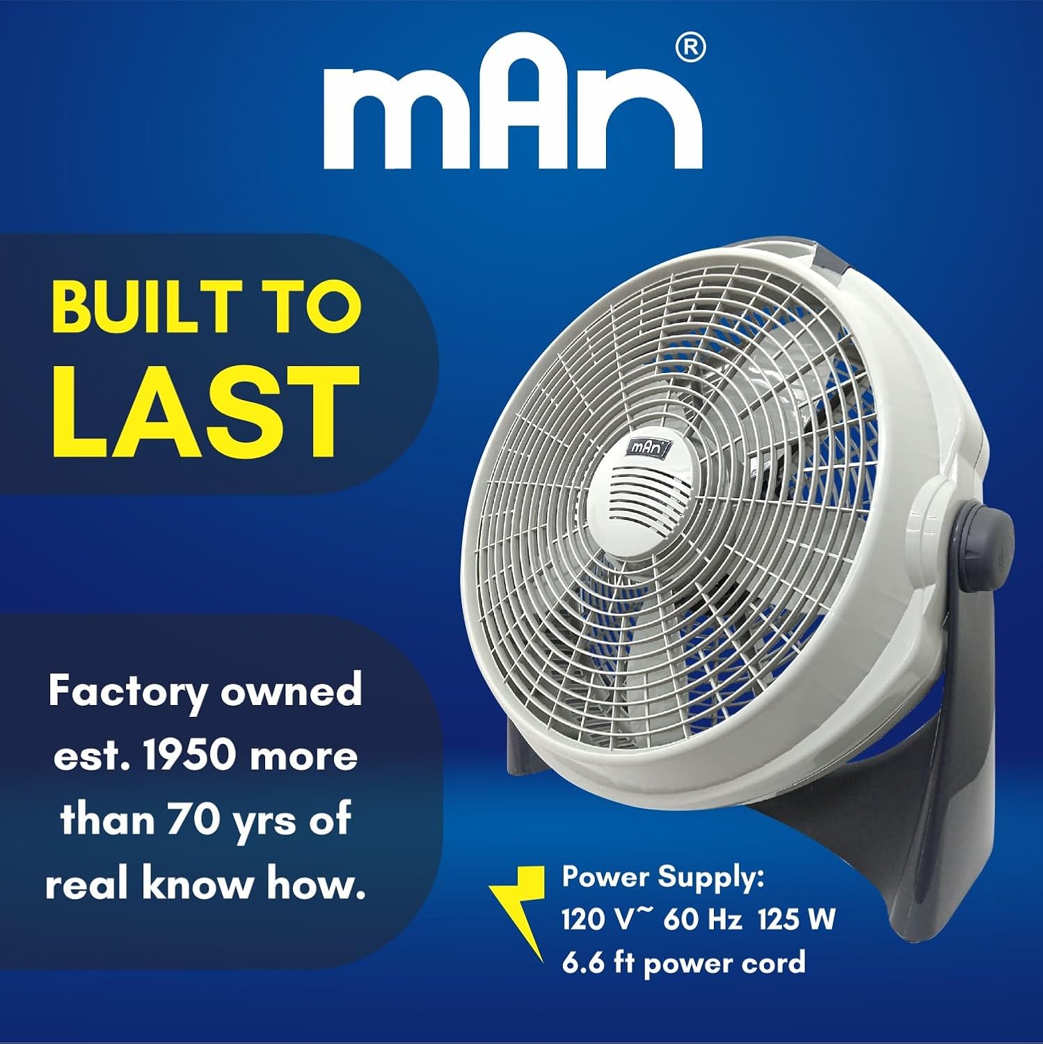 MAN High Velocity Floor Fan 20 Inch, 3600 CFM 3-Speed Air Circulator with Adjustable Tilt, Powerful Cooling for Garage, Home, Gym, Shop & Office