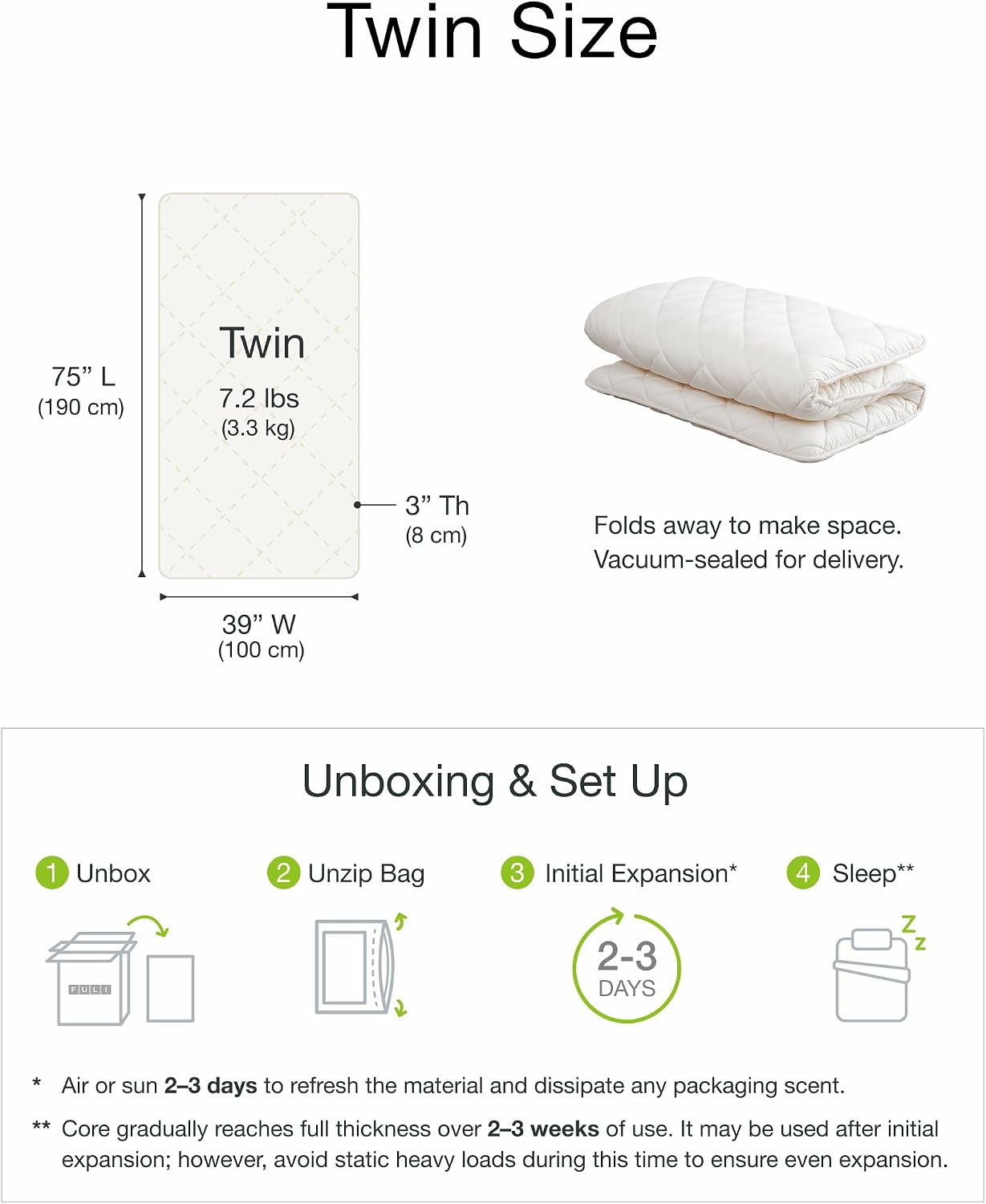 FULI Japanese Futon, Twin XL Size, White - Foldable Shikibuton Floor Bed | Medium Firm Quilted Cotton Sleeping Pad, Portable Roll-Up Japanese Floor Bed for Guests & Small Spaces, 100% cotton surface