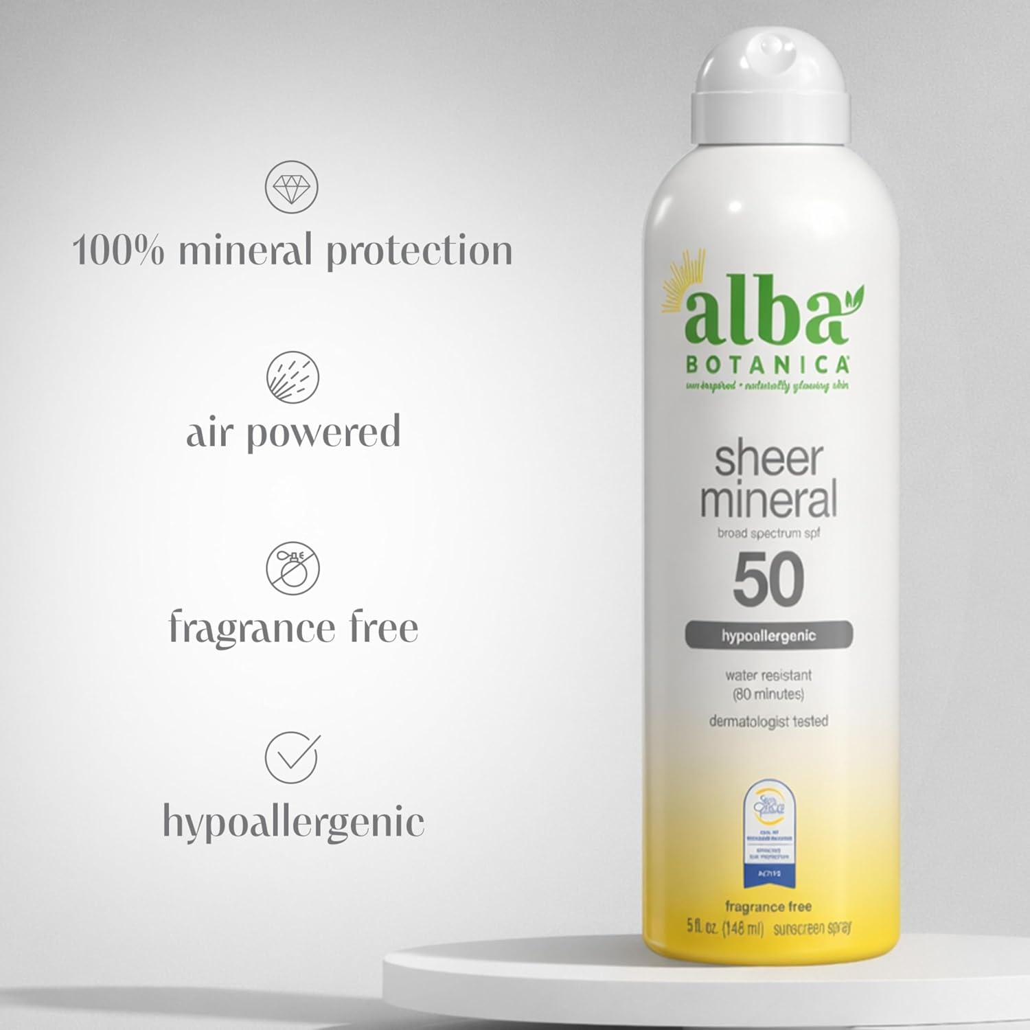 Alba Botanica Sheer Mineral Sunscreen Spray, SPF 30, Fragrance-Free Broad Spectrum, Water Resistant and Biodegradable, 5 fl. Oz. Bottle