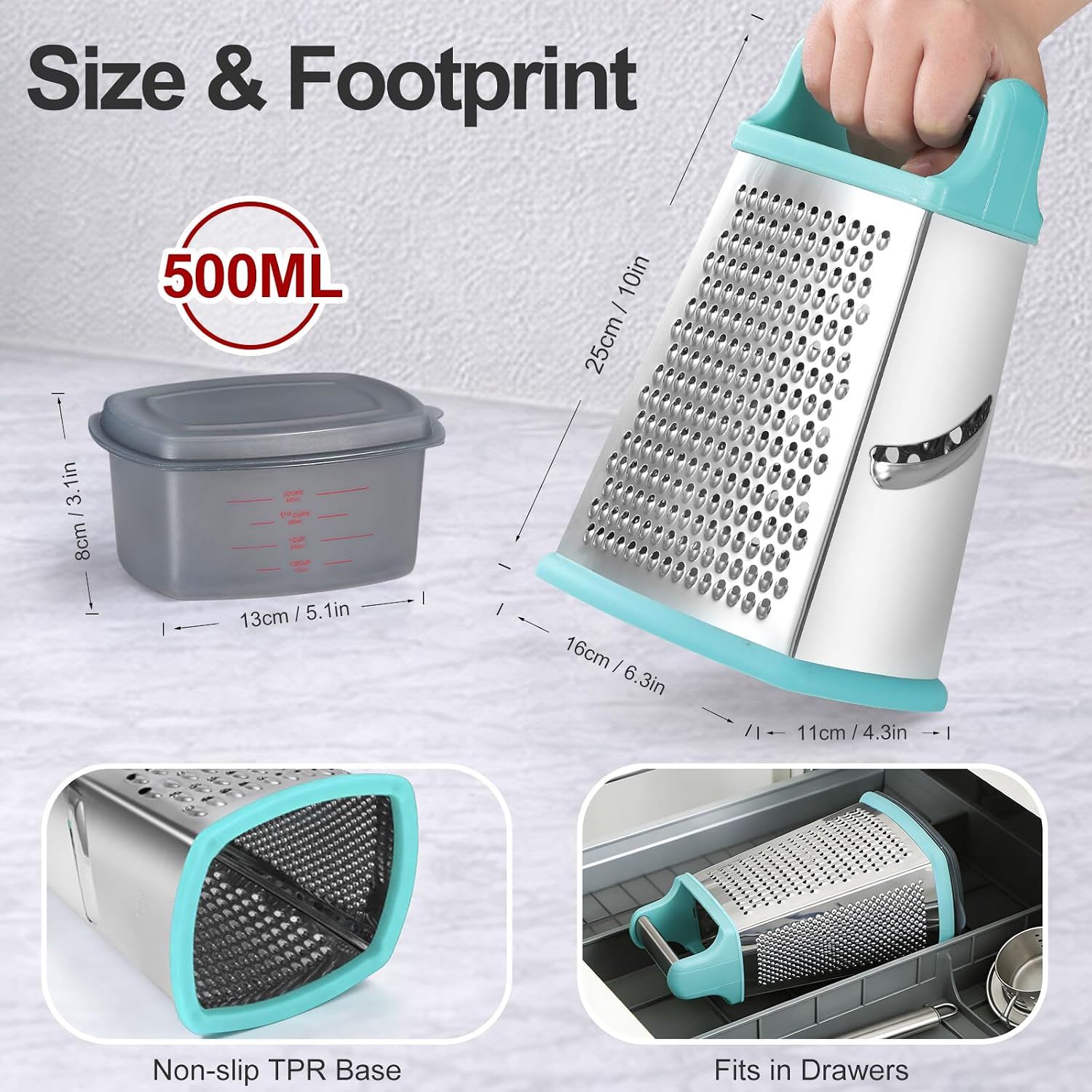 Ourokhome Cheese Grater with Handle, Stainless Steel Box Grater, 4 Side Kitchen Vegetable Shredder Slicer Zester with Container for Parmesan, Cabbage