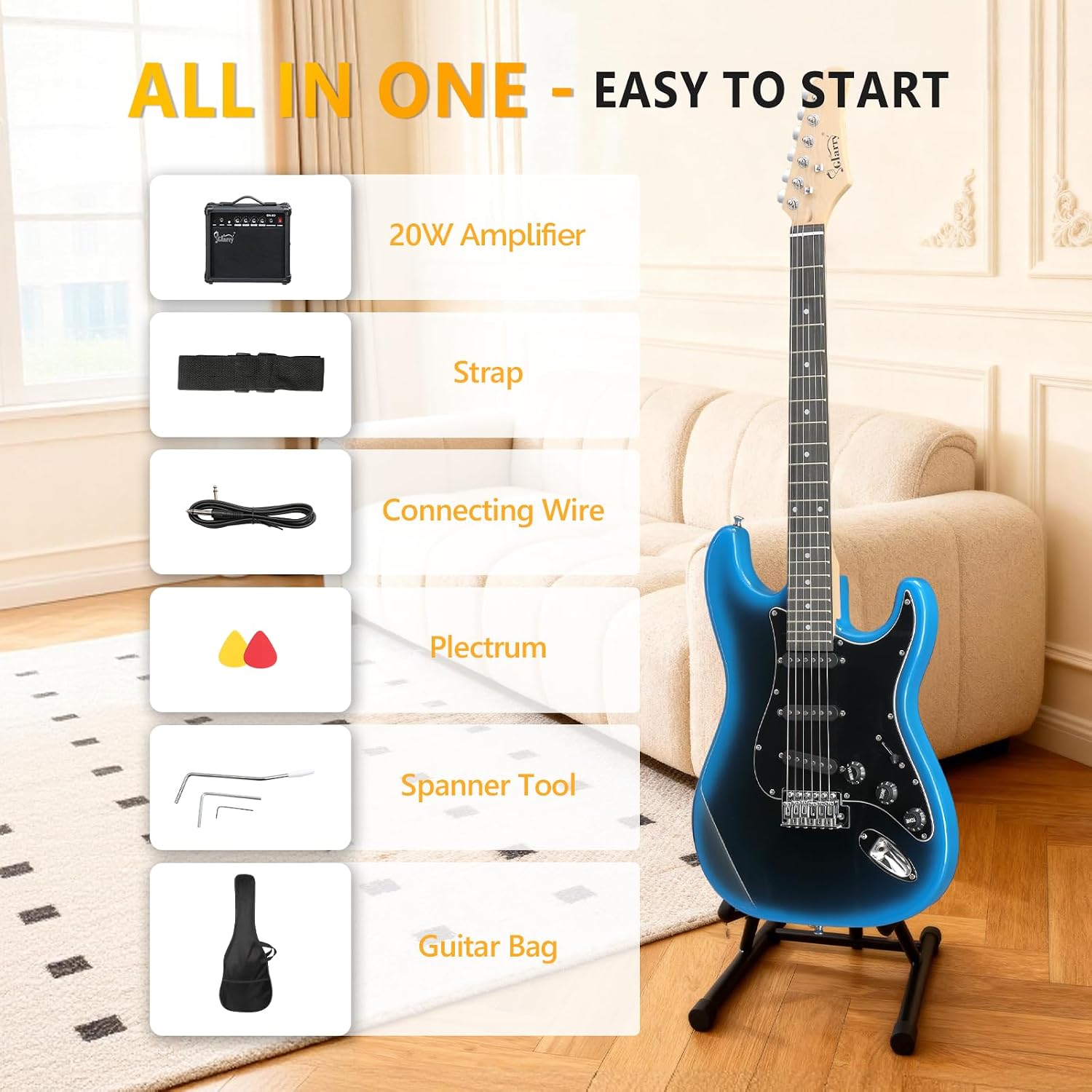 GLARRY Full Size Electric Guitar for Music Lover Beginner with 20W Amp and Accessories Pack Guitar Bag (DARK BLUE, 39" Right Handed)