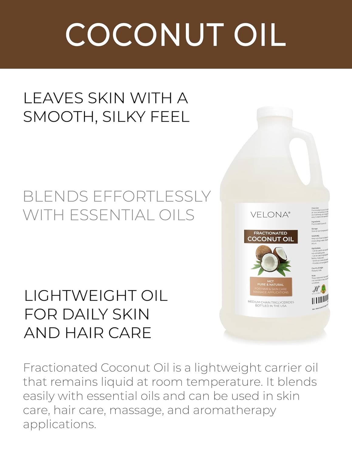 velona MCT Coconut Oil - 1 Gallon / 128 fl oz, Fractionated, Pure Natural