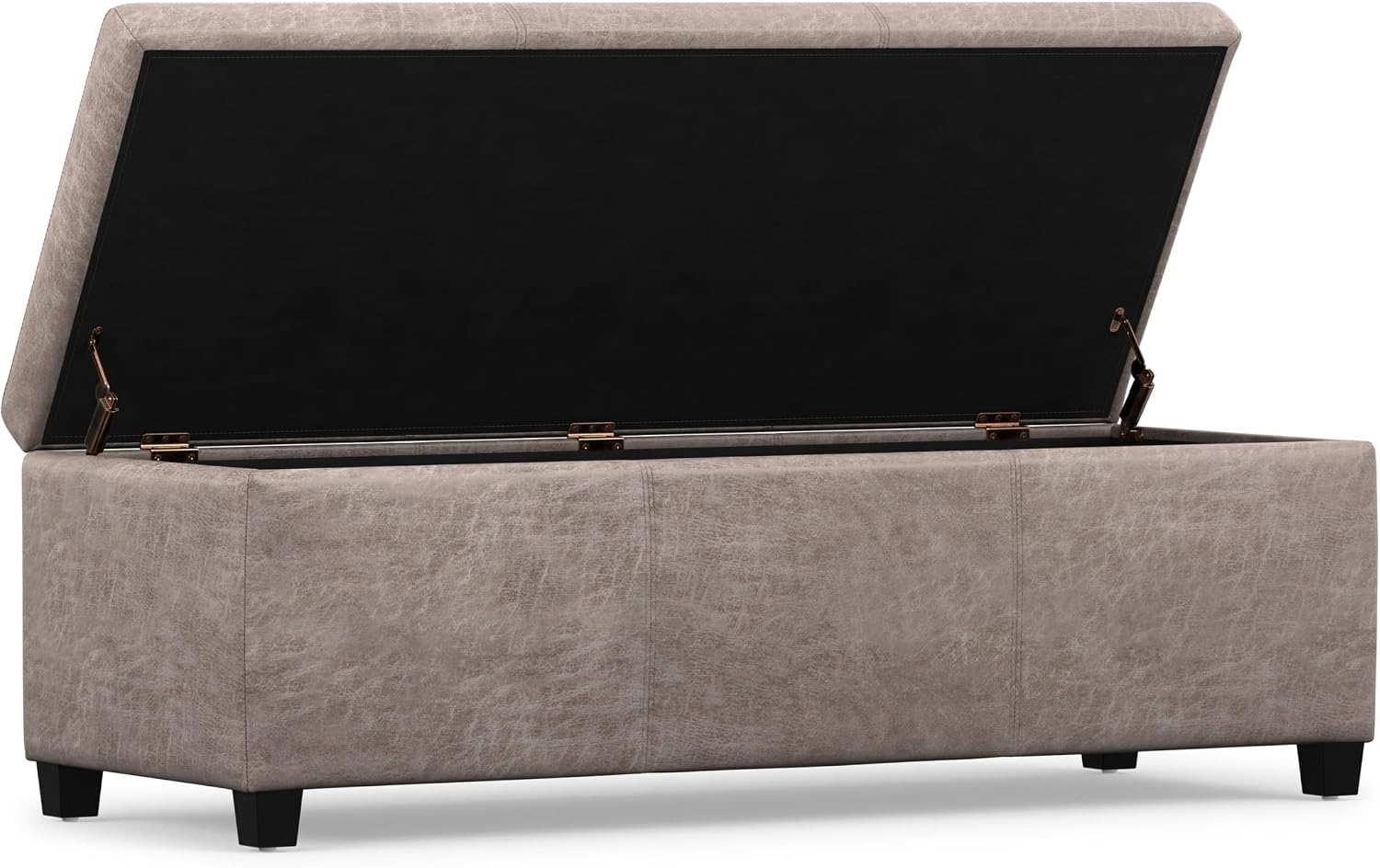 SIMPLIHOME Avalon 48" Wide Vegan Leather Storage Ottoman in Brown