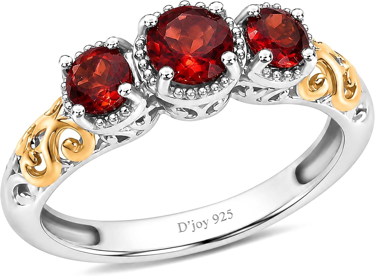 3 Stone Garnet Ring Silver with 14K Gold Plating January Birthstone Ring