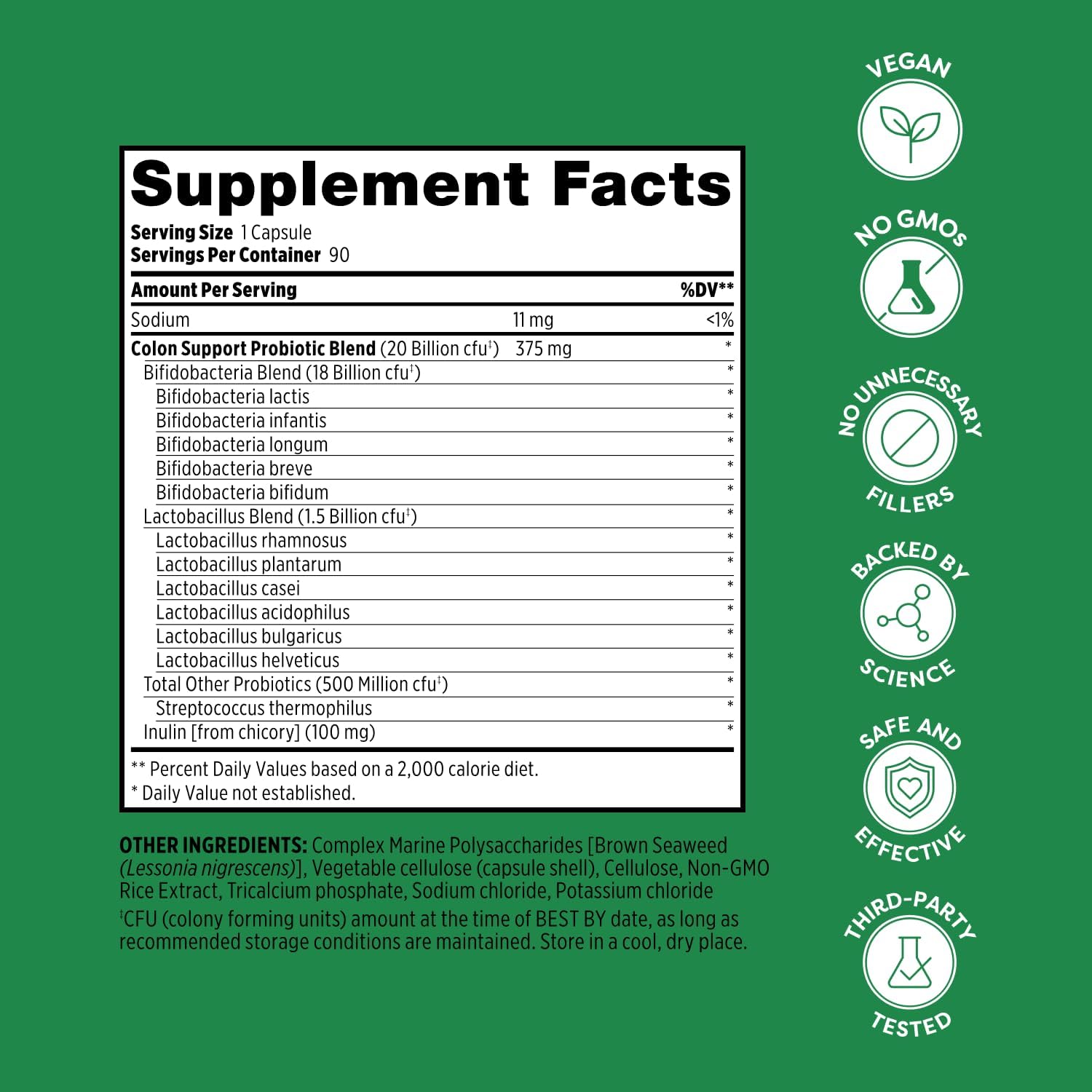 Probulin Colon Support Daily Probiotic + Prebiotic + Support Gut Health, Occasional Gas and Bloating - 20 Billion CFU - 12 Strains, 30 Vegan Capsules