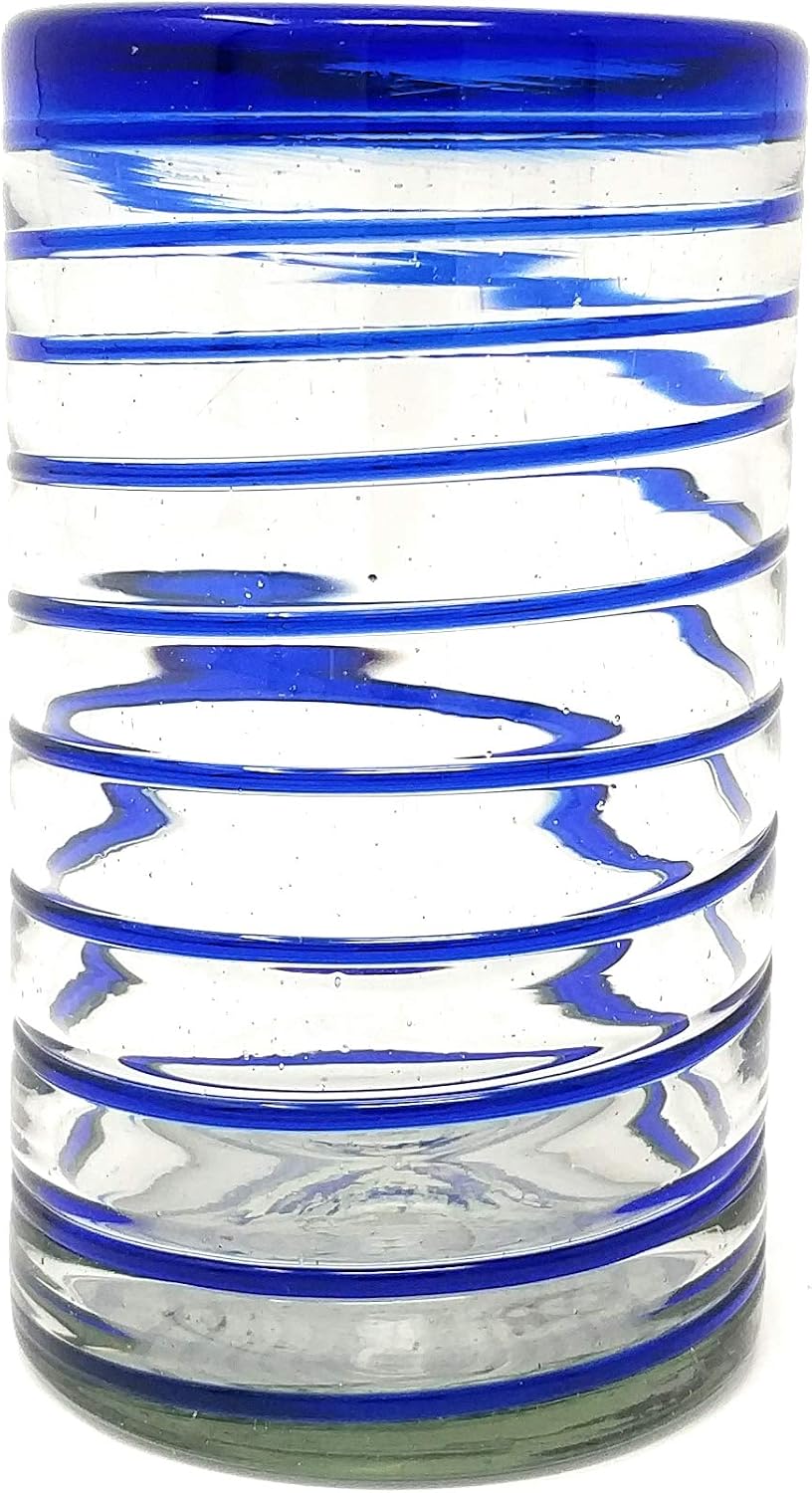 Hand Blown Mexican Drinking Glasses – Set of 6 Glasses with Cobalt Blue Spiral Design (14 oz each)