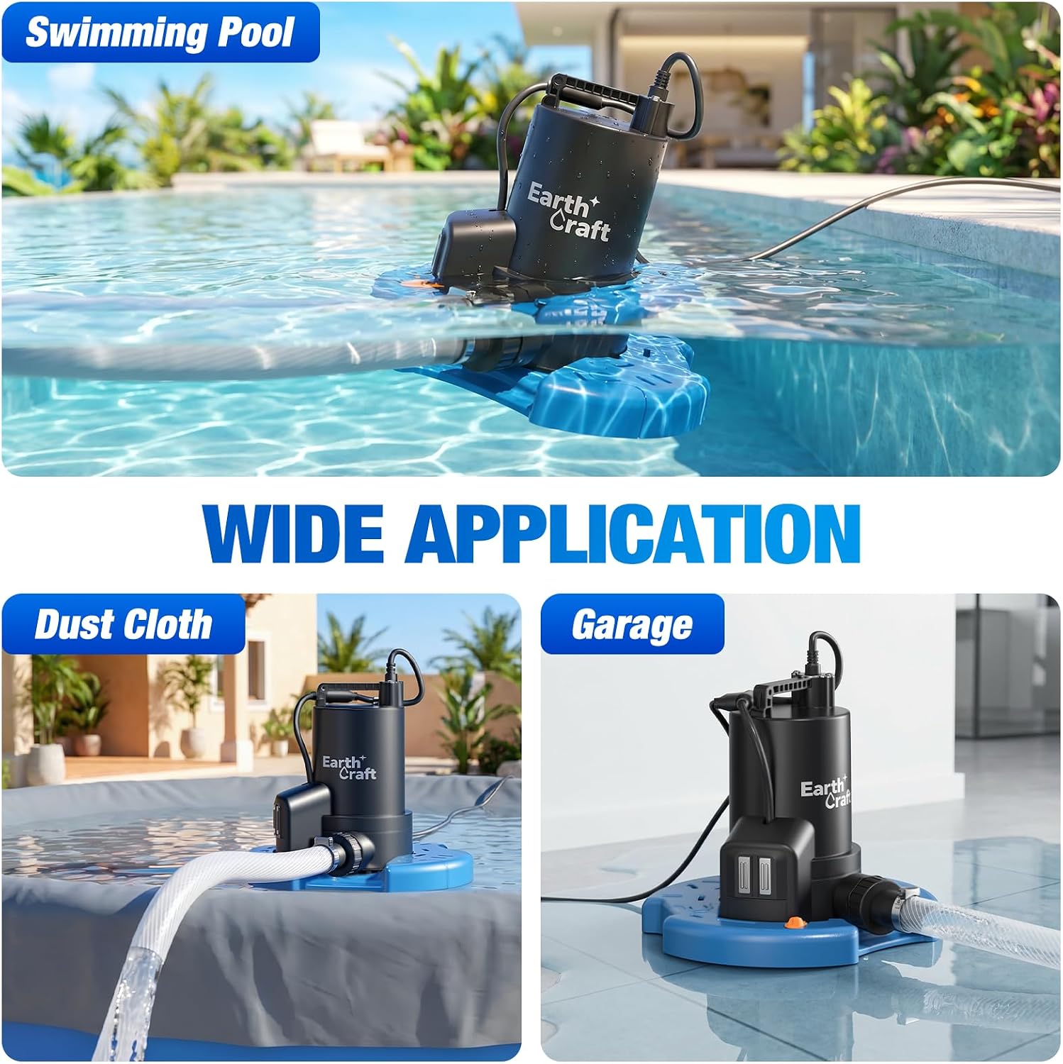 1/4 HP Pool Cover Pump, Automatic On/Off 2774 GPH Submersible Water Pump with 25FT Power Cord, Check Valve & Hose Adapters for Swimming Pools