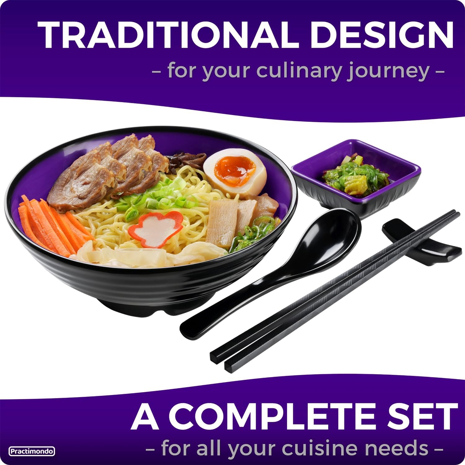 Unbreakable Ramen Bowl Set with Chopsticks and Spoon: 2 large Japanese Style Melamine Ramen Bowls