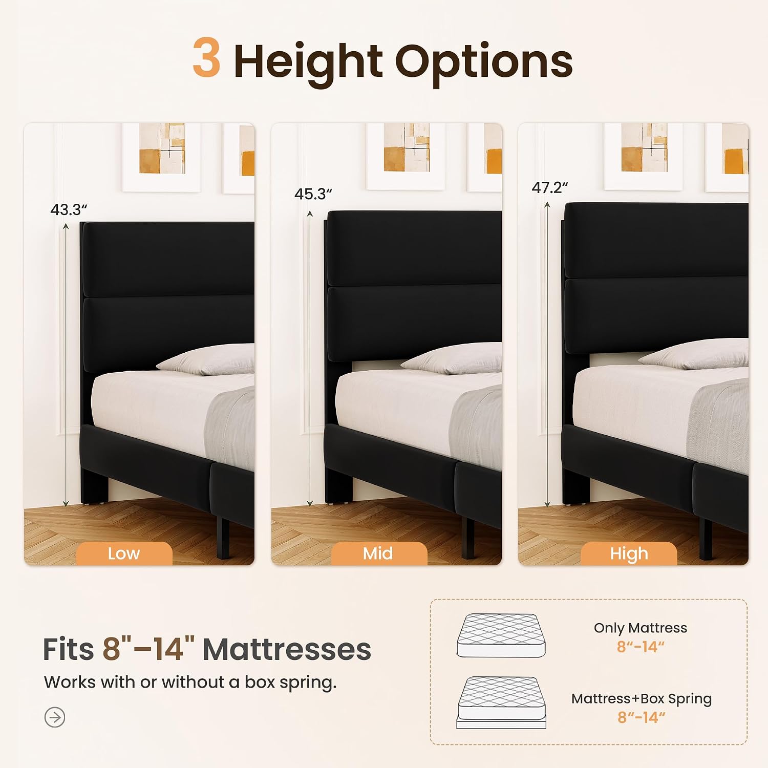 GRUSIGN Queen Size Platform Bed Frame with Velvet Headboard, Adjustable Height Wooden Slats Support, Upholstered Mattress Foundation, Fits Mattress or Mattress with Box Spring, Easy Assembly, Beige