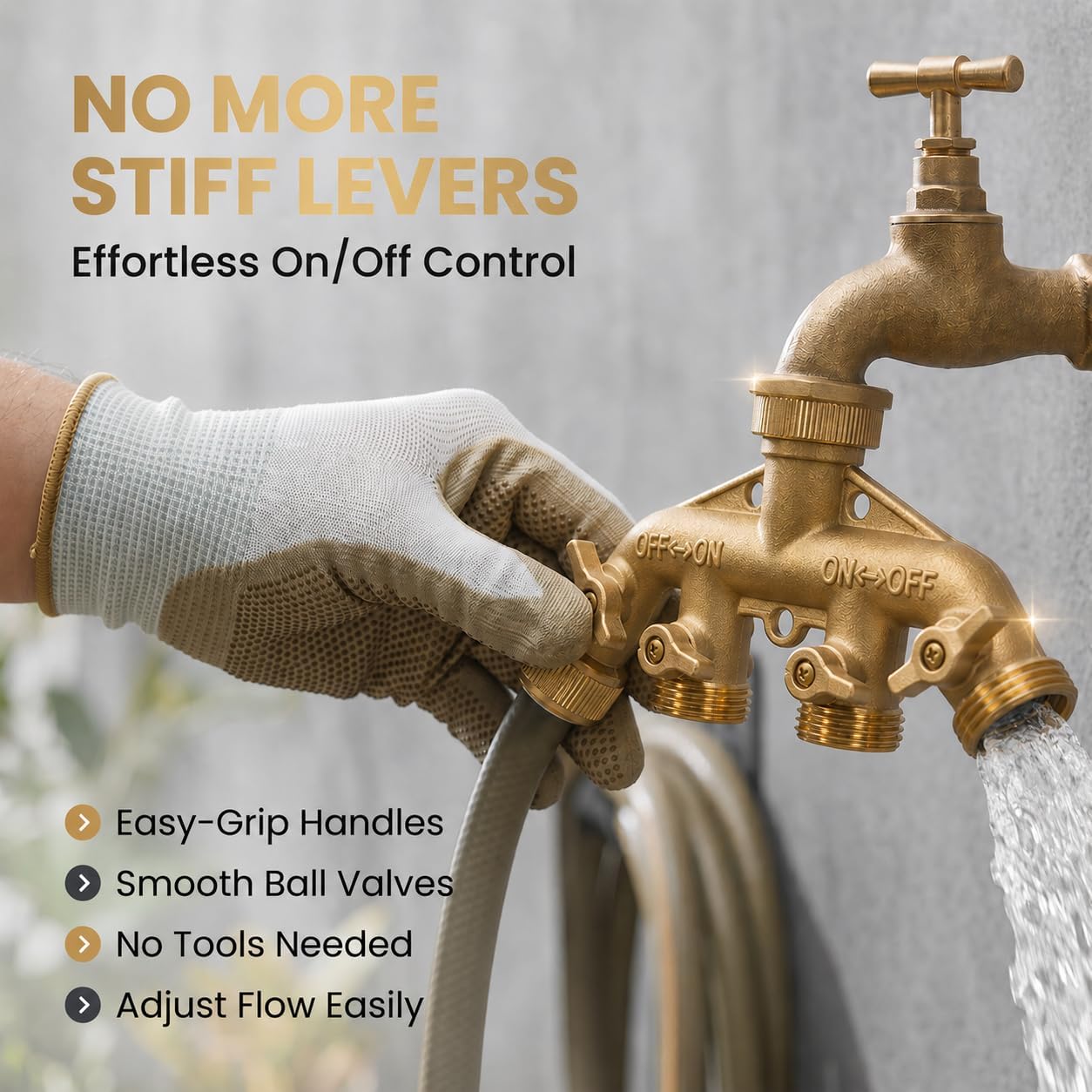 Brass Heavy-Duty Garden Hose Water Splitter | LEAD-FREE 2-Way Y Splitter for Water Spigot & Faucet | Manifold Connector ON/OFF Valves w/Improved Comfort Grip, 3 Extra Washers & Teflon Tape