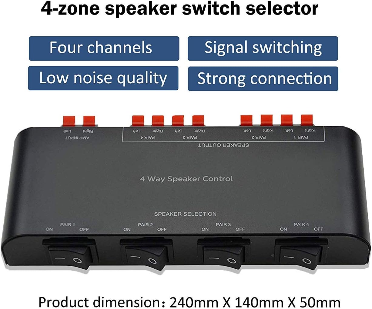 4-Channel Speaker Switcher Selector Box with Terminal Claps 200W RMS Max 100W Switchable, Black