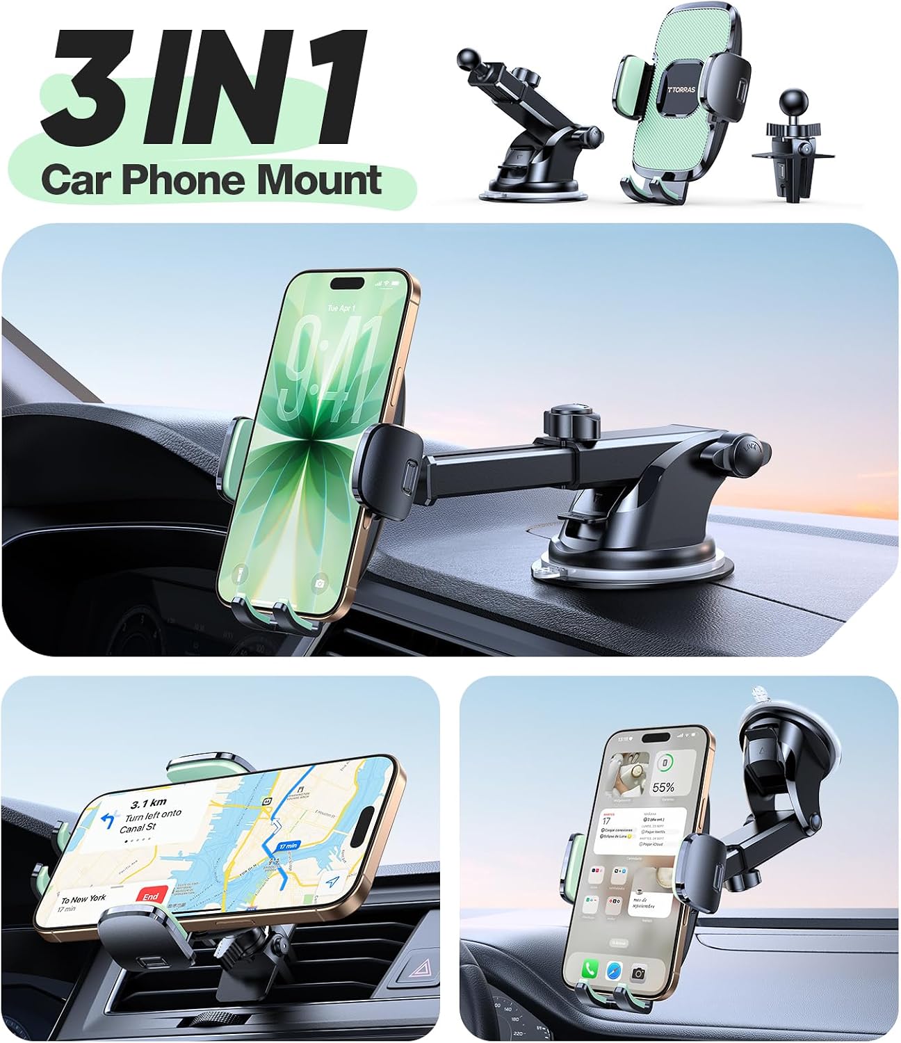 TORRAS Ultra-Durable Phone Holders for Your Car【96+LBS Strongest Suction】 Car Phone Holder Mount, Safety Certs Cell Phone Car Mount Truck for Dashboard Windshield Vent for iPhone 17 16 15 14 Pro Max