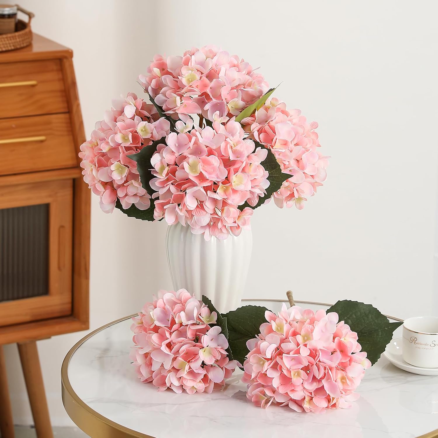 Kisflower 6pcs White Hydrangea Artificial Flowers - Faux Hydrangea Flowers, Fake Silk Flowers for Table Centerpiece