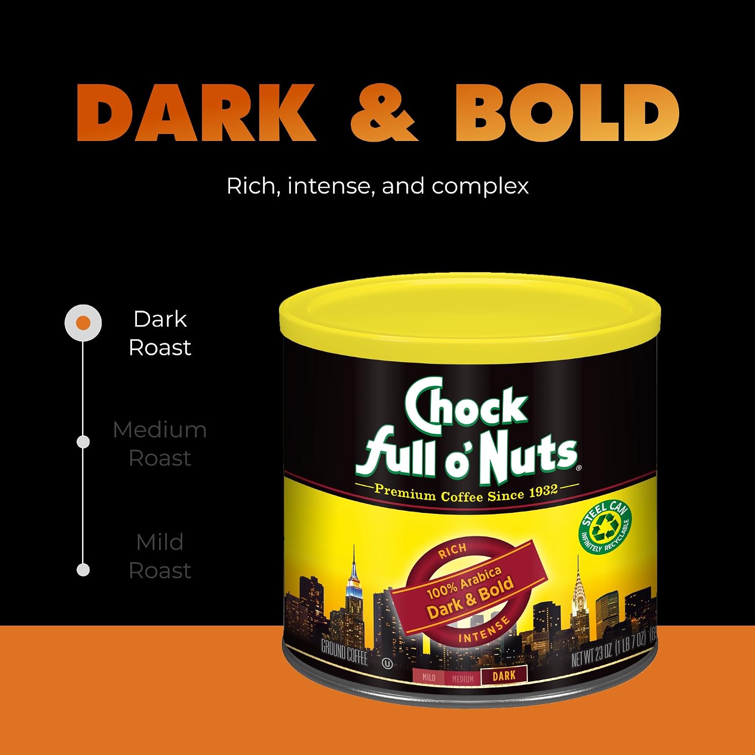 Chock Full o' Nuts French Roast Ground Coffee – Premium Beans in Recyclable Steel Can – Rich Flavor & Aroma, Dark Roast – Perfect for Drip, Pour-Over, Percolator – 26 Oz Can