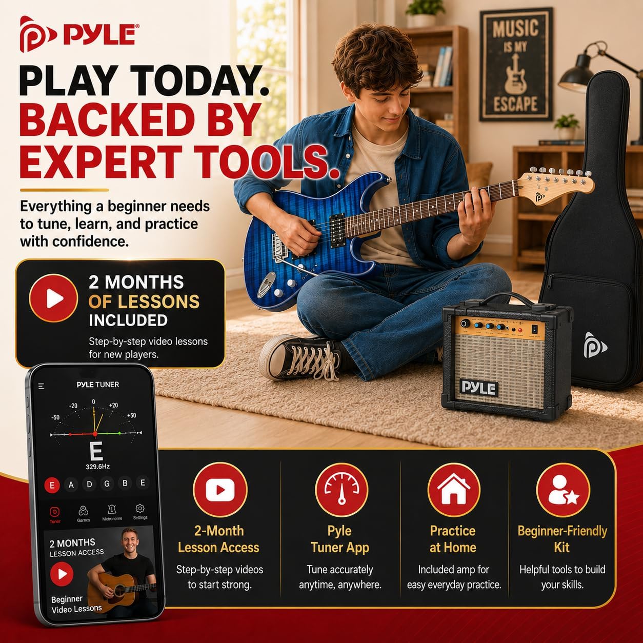 Pyle Electric Guitar and Amp Kit - Full Size 39" Complete Starter Kit with Wearable Bluetooth Amplifier, 1/4” Cable, Carry Case, Strap, Strings, Picks, Cleaning Cloth, ST-Style Pickups (Black)