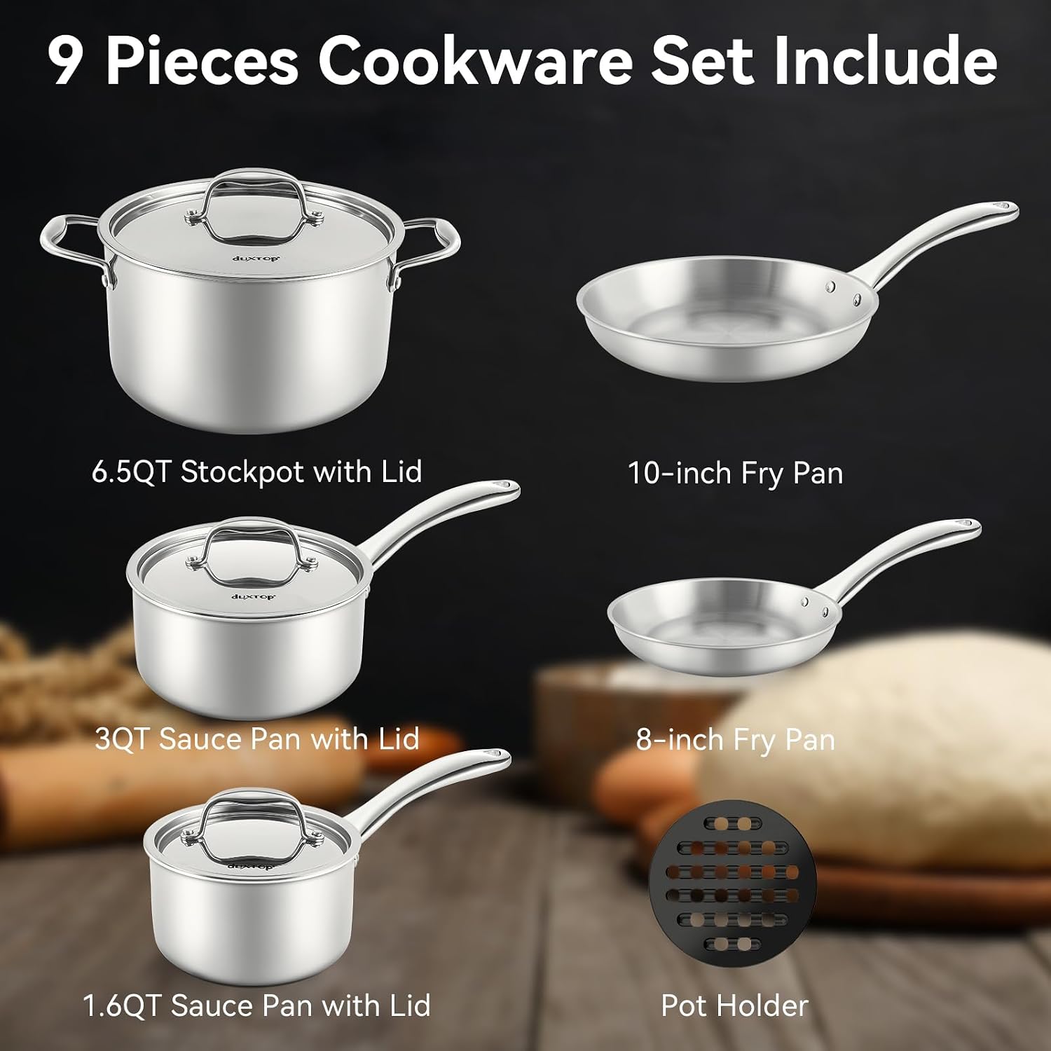 Duxtop Tri-Ply Stainless Steel Induction Cookware, 9PC Pots and Pans Set | Whole Clad 3-Layer Steel, Family Cookware Set, Even Heating