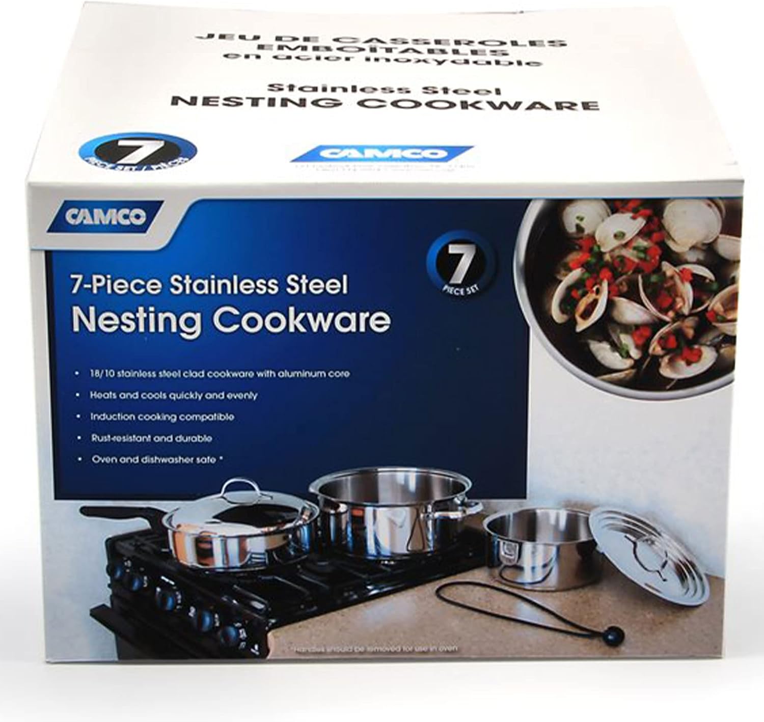 Camco 7 Piece Stainless Steel Cookware Nesting Pots and Pans Set w/Lids, Detachable Handles & Storage Strap for Camping, Tailgating, and RV