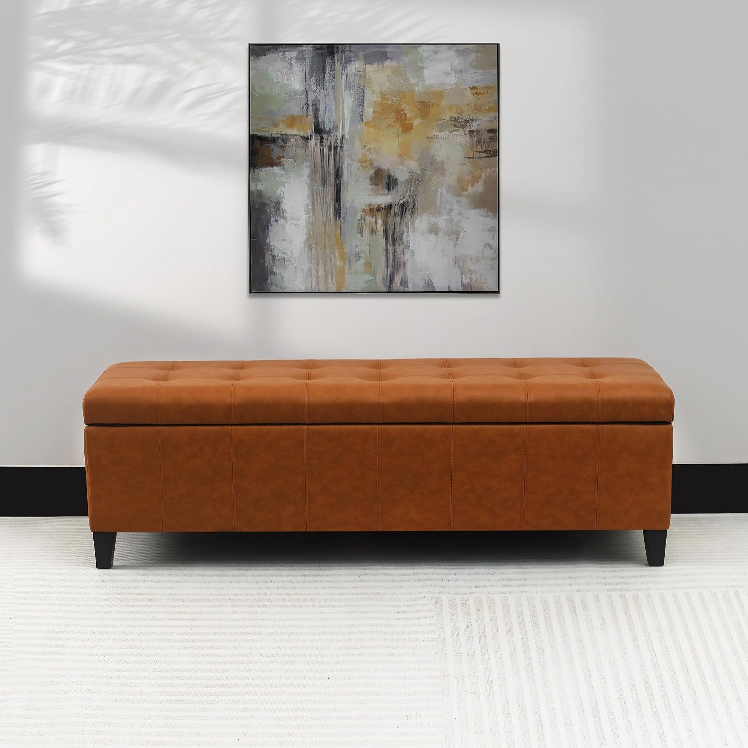 51 Inch Storage Bench,Leather Tufted Storage Ottoman with Legs | Safety Hinges,Wooden Legs,Upholstered,End of Bed,Bedroom,Living Room,Entryway,330LBS,Brown