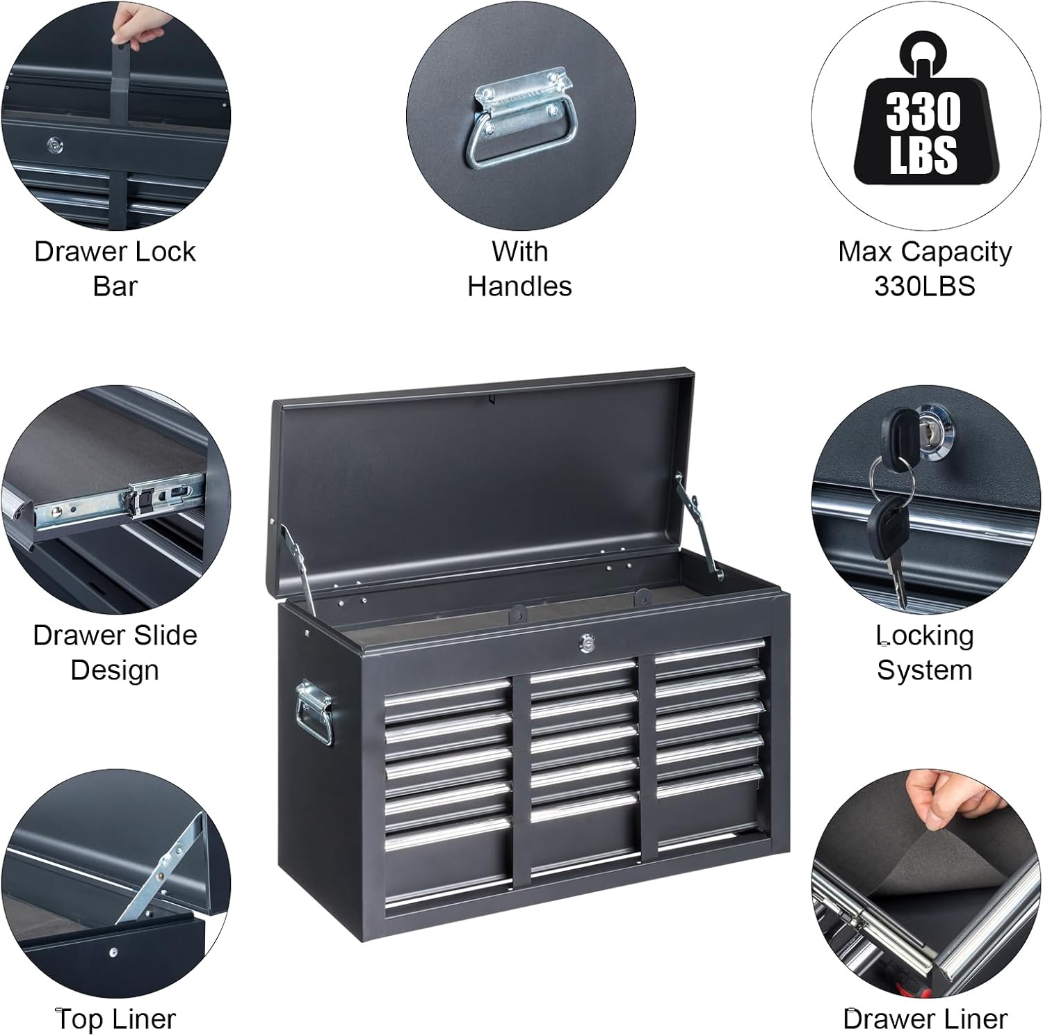 24" Metal Portable Tool Box with 5 Drawers, Lockable, Red | ToolBox with Top Storage Tray, Carry Handle, Ball Bearing Runners, Tool Chest Cabinet for Garage, Warehouse, Repair Shop