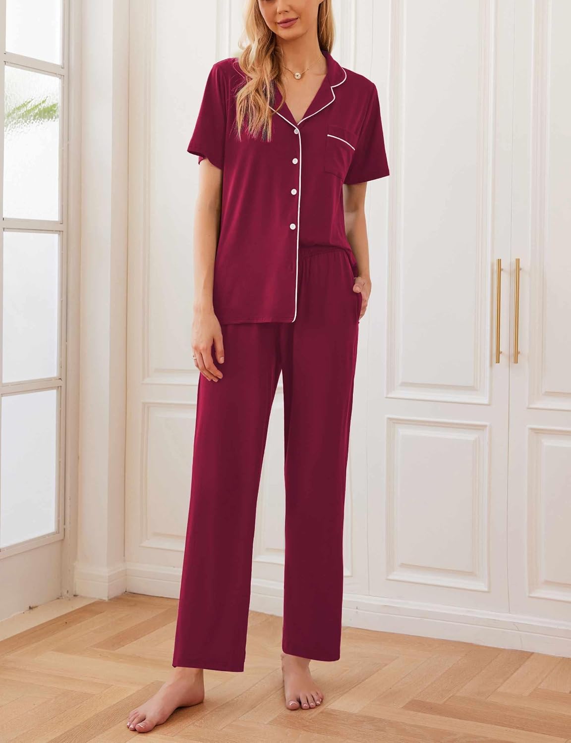 Ekouaer Womens Pajamas Set Short Sleeve Button Down Top & Pants Lounge Pjs