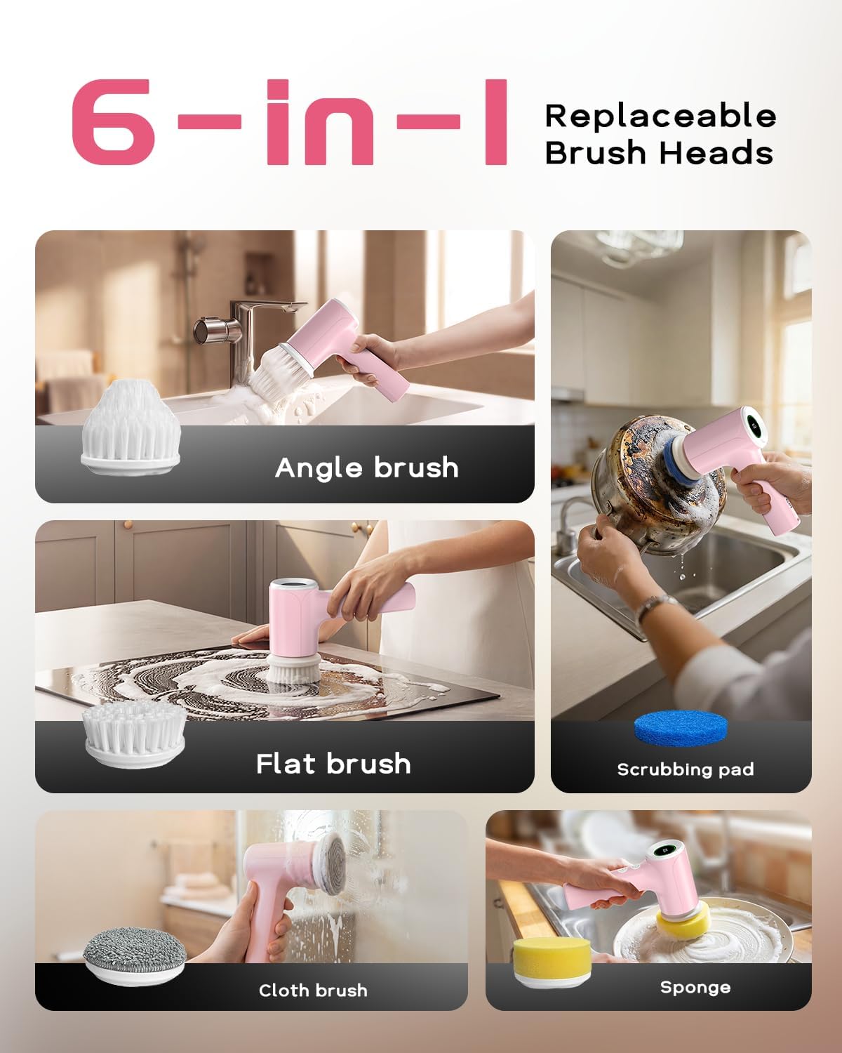 PUFTEM Electric Shower Scrubber, Cordless Bathroom Scrubber, Dual Direction | Dual Direction Cleaning, 6 Replaceable Brush Heads, IPX7 Waterproof