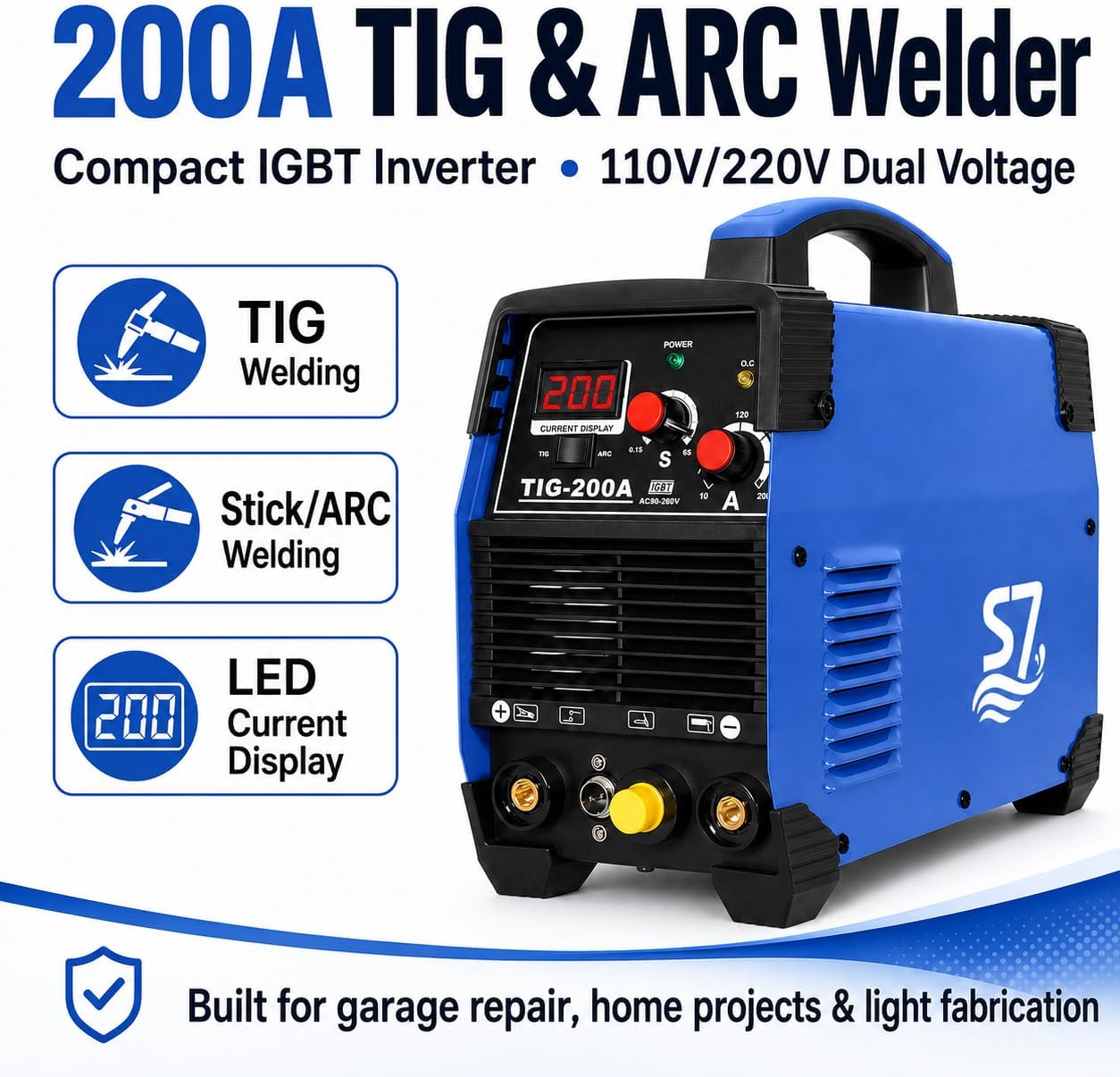 S7 200A HF Start TIG Welder, DC TIG and Stick Welder, 110V/220V Dual Voltage Portable Welding Machine for Garage Repair, DIY Projects