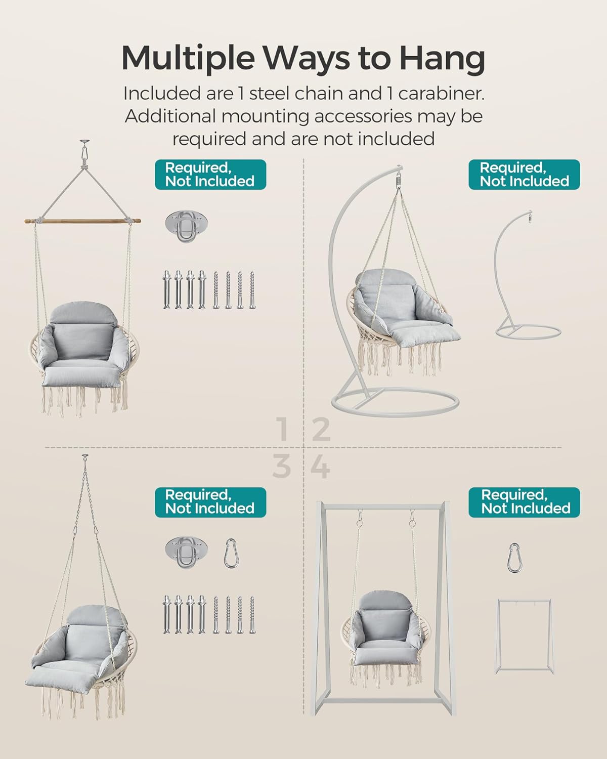 SONGMICS Hanging Chair, Boho Swing Chair with Large, Thick Cushion